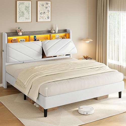 Marco de cama de terciopelo tamaño Queen con cabecera ergonómica, cama de plataforma tapizada con luz LED y estación de carga, soporte de listones