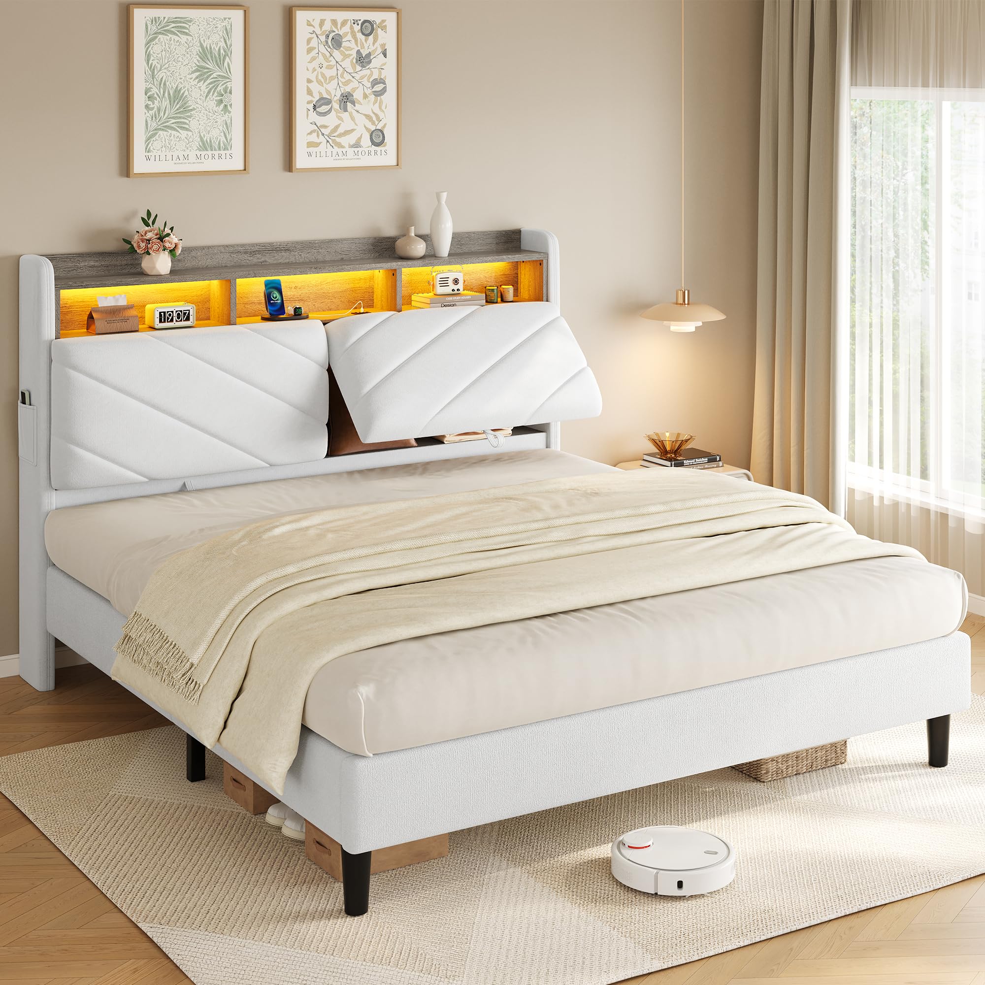 Jocoevol Queen Size Velvet Bed Frame with Ergonomic Headboard, Upholstered Platform Bed with LED Light & Charging Station, Wooden Slats Support,