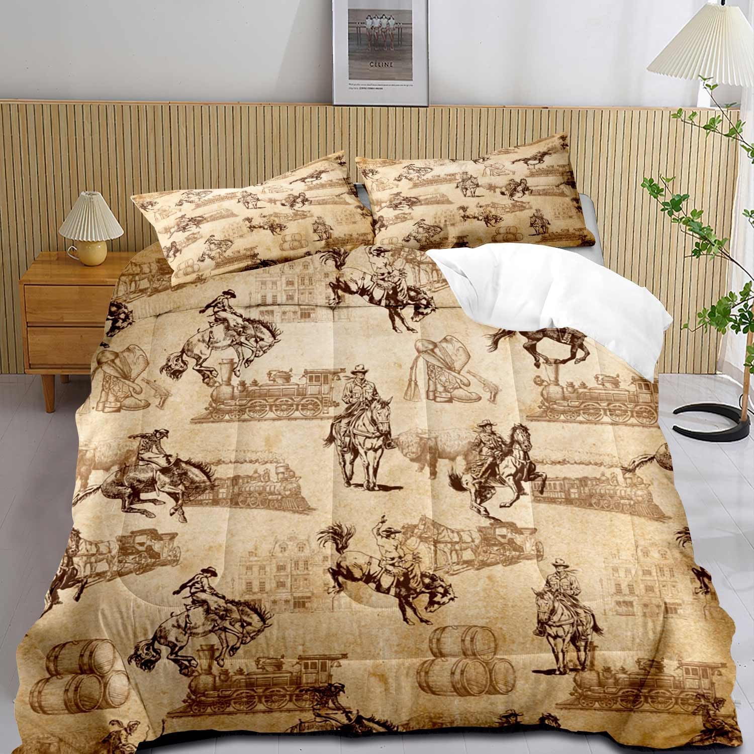 LUVIVIHOME 3PCS Western Comforter Set King Size, Brown Vintage Bedding All Season, Texas Flag Cattle Bull Bluebonnet Ranch Wild West Southwest Rodeo Cowboy Bedroom Decor, Soft Quilt, 1 Pillow Shams