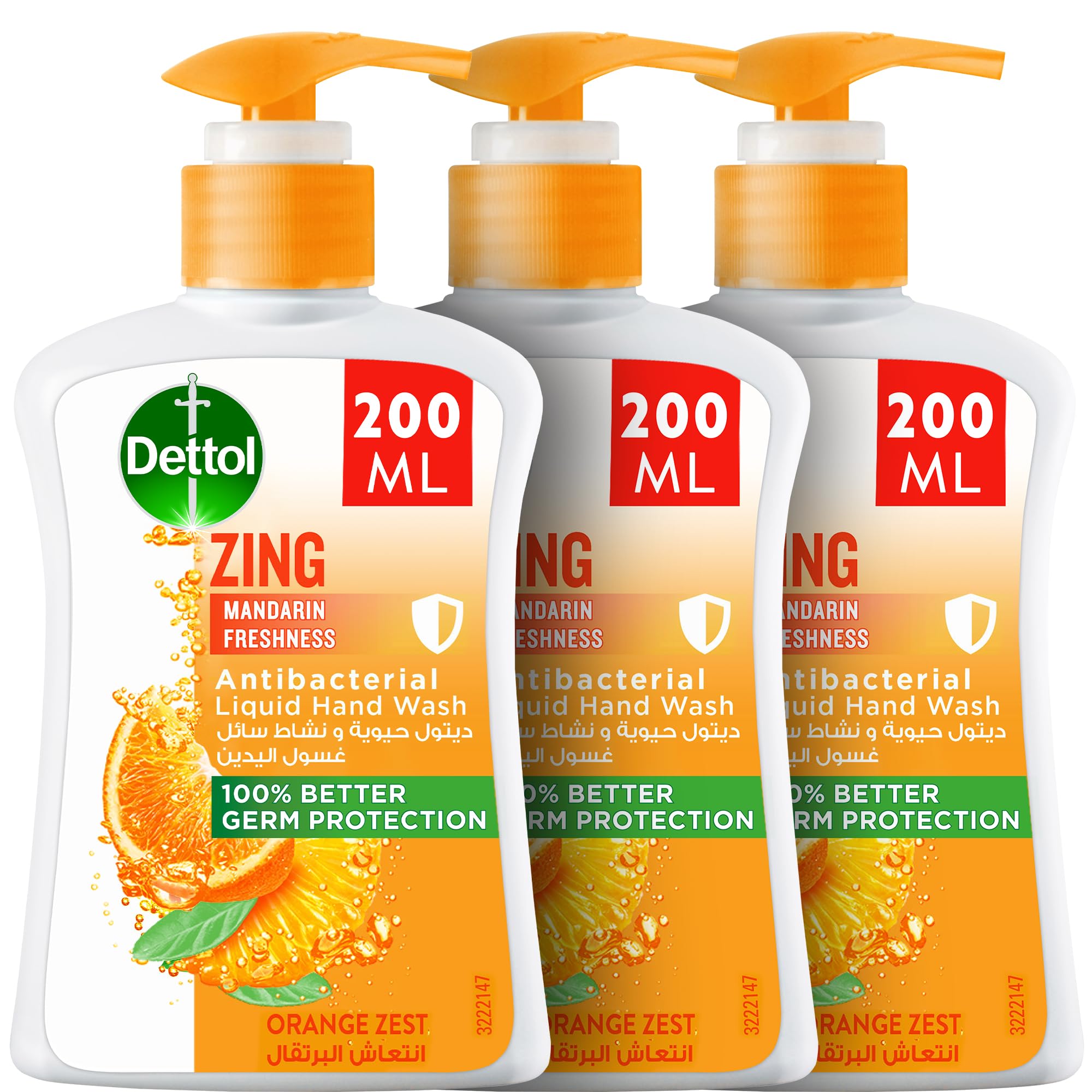 DettolZing Mandarin Freshness Liquid Handwash, Orange Zest Scent, 200ml x 3