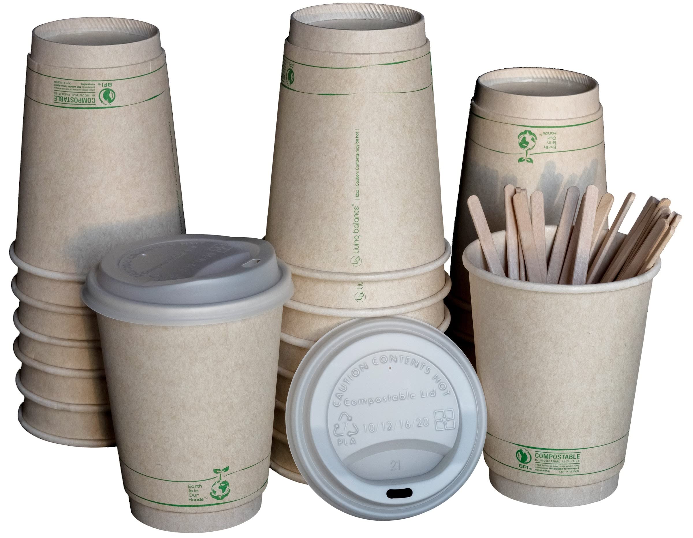 12oz Compostable Coffee Cups by Living Balance | 100 cups with cPLA Lids, Stirrers, and Integrated Sleeves