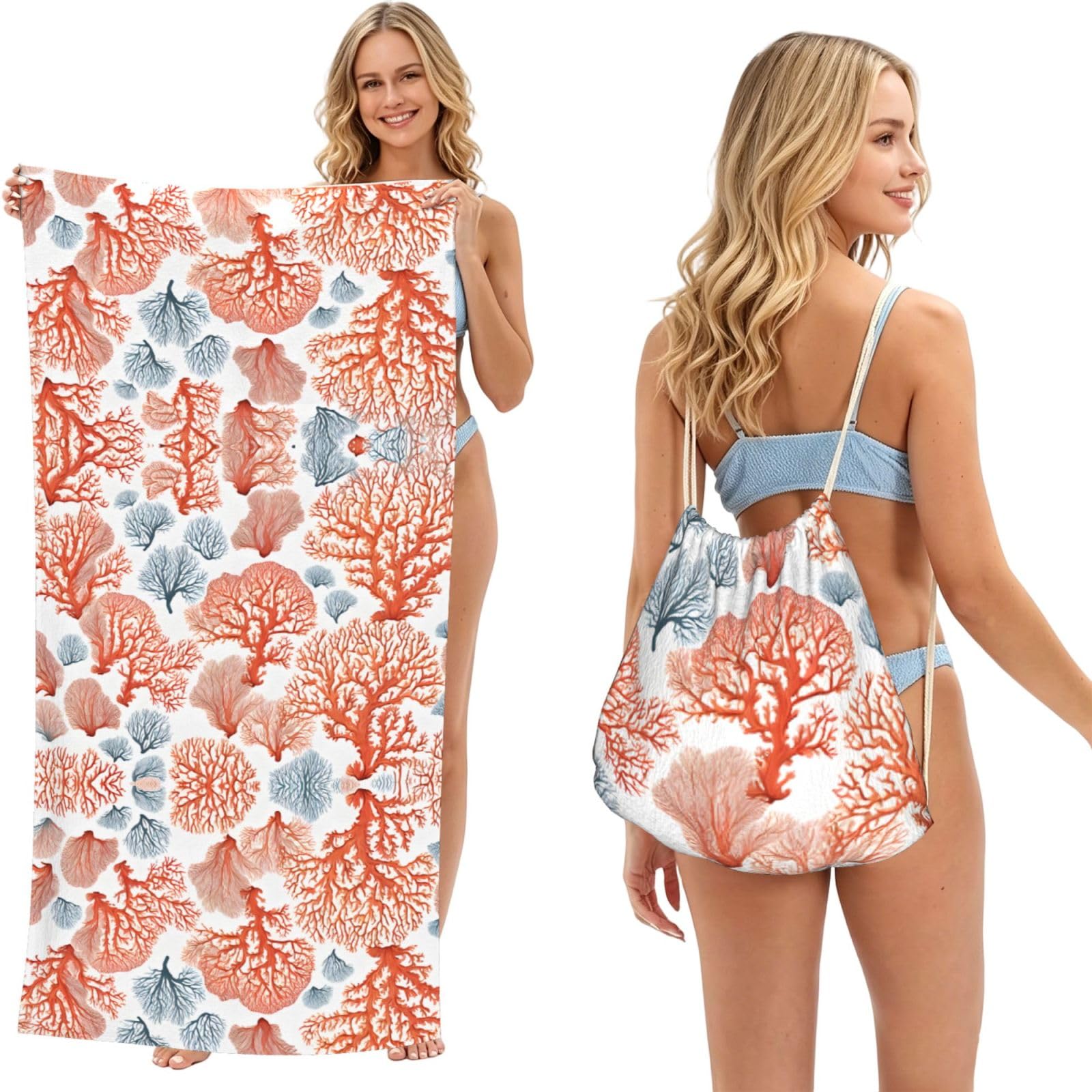 ESNAIUVCD Coral Reef Print Beach Towel For Adults,Towel With Drawstring Bag, Travel Pool Swimming Sports Shower Sand Free Quick Dry Bath Towel For Pool, Beach, Yoga- 180x60cm