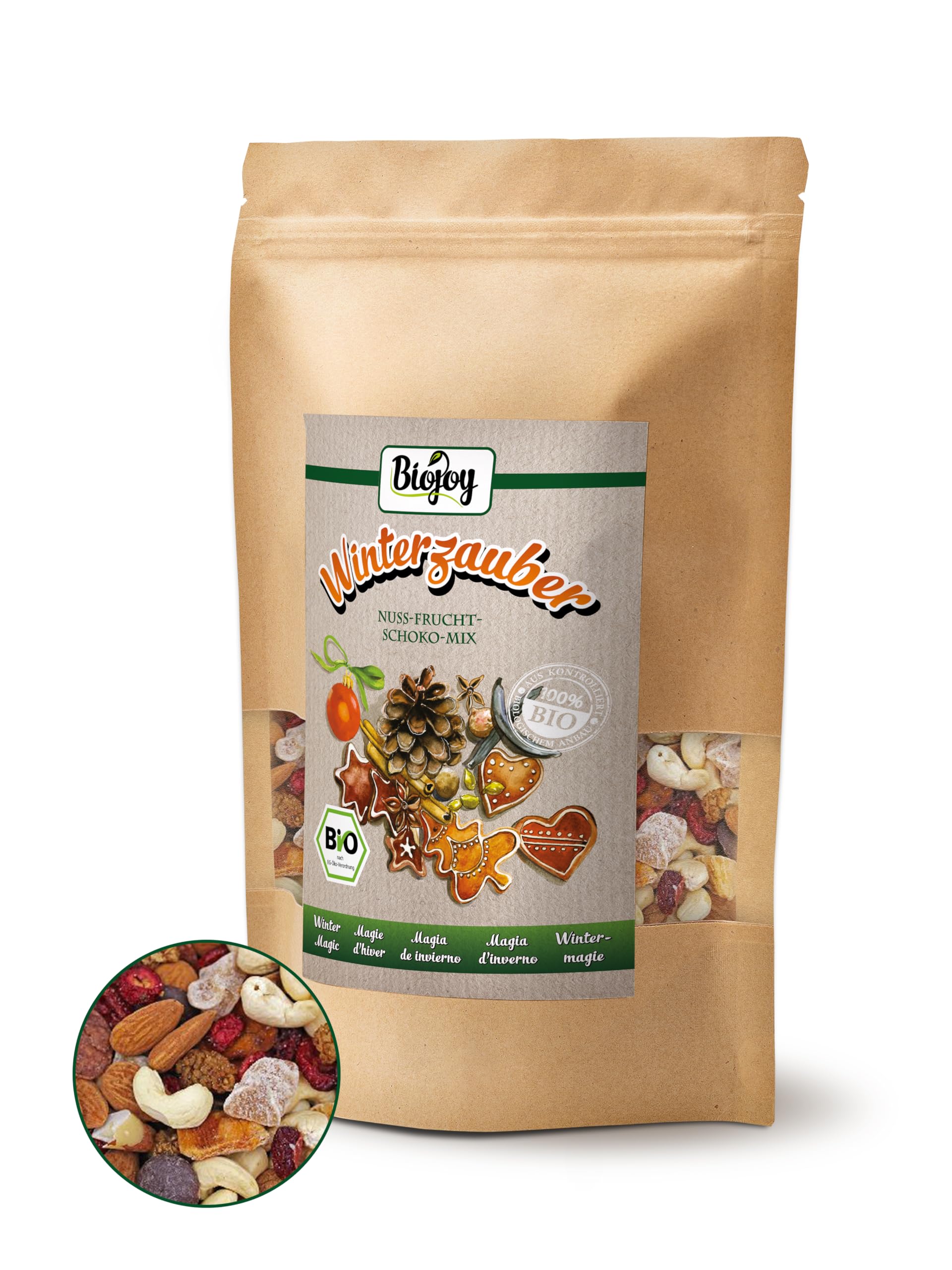 Biojoy Magia d’Inverno Biologica (500 g) - Mix di frutta secca e frutta a guscio con mandorle, anacardi, mirtilli rossi, gelsi bianchi, noci del Brasile e cioccolato