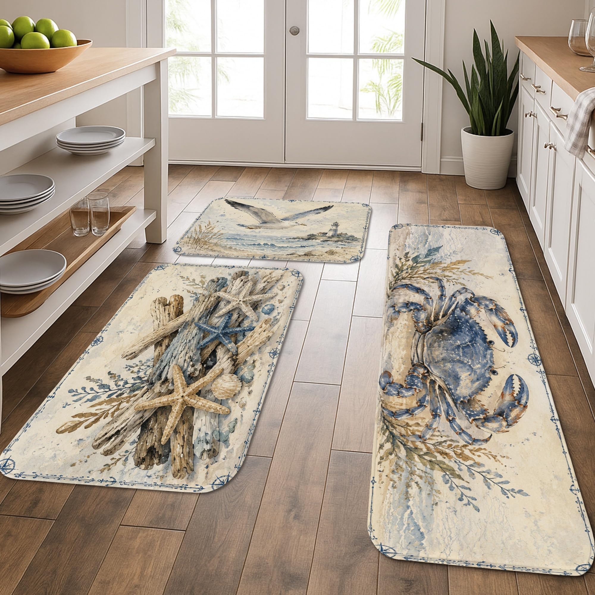 Tapis de cuisine pour éviers lot de 3 doux et lavable motif nautique
