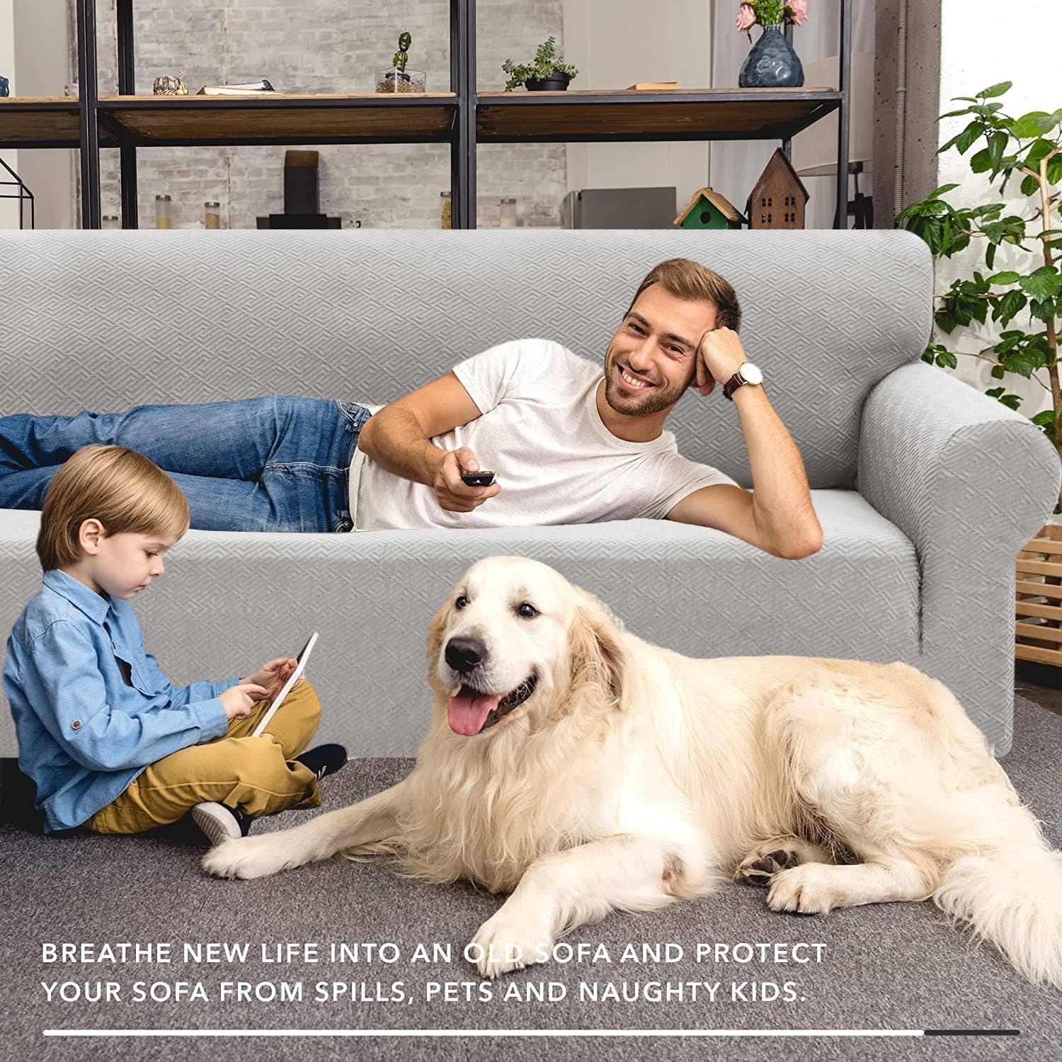 XINEAGE Copridivano 3 Posti Elasticizzato, Fodere Copridivano con Braccioli per Il Soggiorno, 1 Pezzo Copridivani Universale, Copri Divani Antiscivolo per Cani, Animali Domestici, Grigio Argento