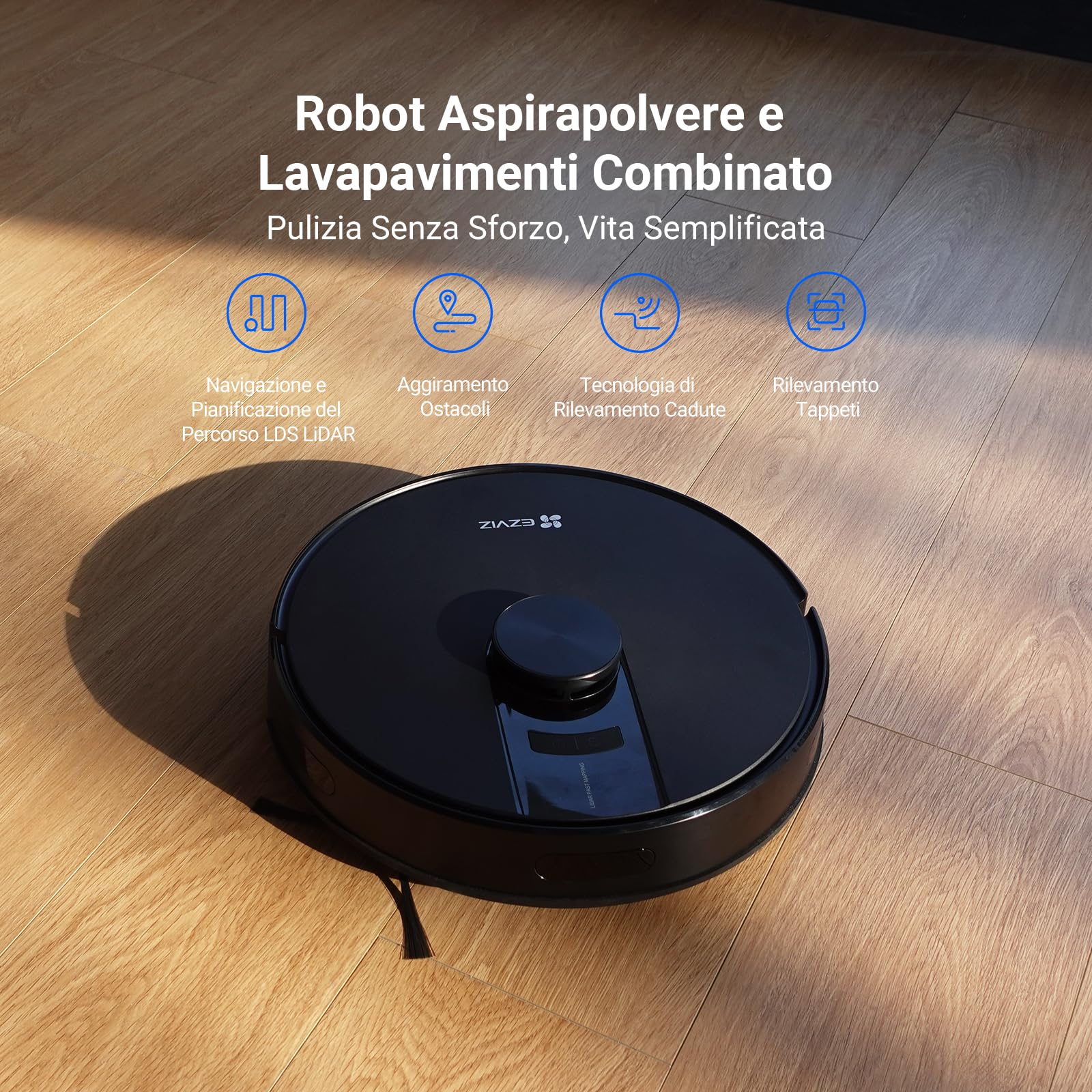 EZVIZ RE4 Robot Aspirapolvere Lavapavimenti, Navigazione LiDAR Rilevamento Ostacoli, Aspirazione 4000Pa, Rilevamento Tappeti/Cadute, Serbatoio Acqua 300 ml, Autonomia 180 min, WiFi/APP/Alexa