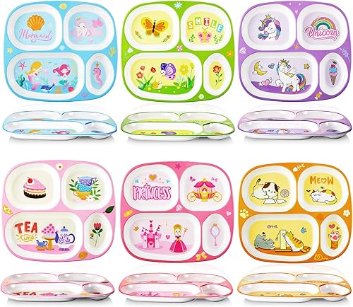 Miniatura 1 de Hushee 6 platos de cena temáticos para niñas de 9.4 x 8.2 pulgadas para niños y niñas, platos divididos a la hora de la comida para niños, platos de