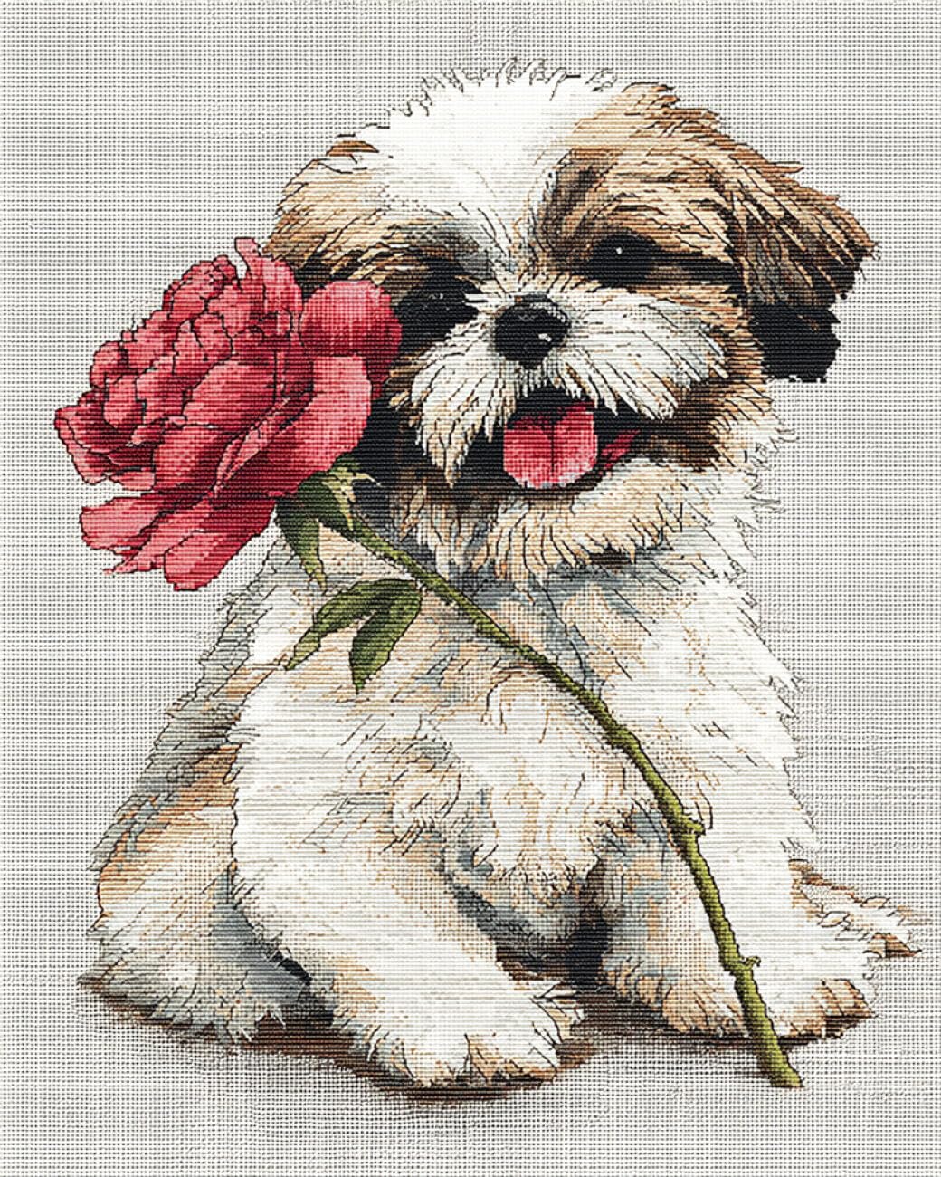 AxiangziK DIY Embroidery Kit Shih Tzu and Roses 11CT 80x100cm
