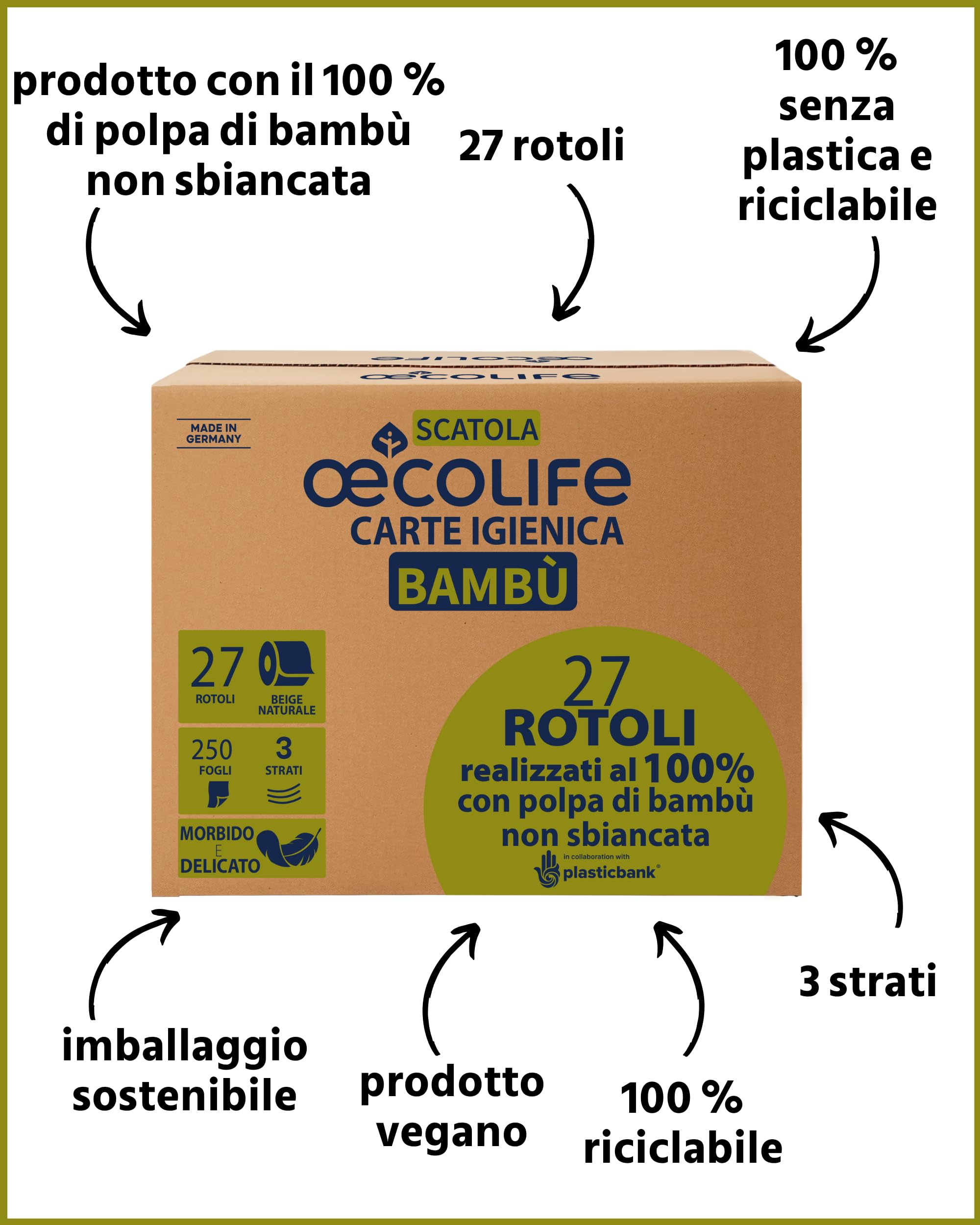 oecolife - Scatola di carta igienica in bambù, 3 strati, 27 rotoli da 250 fogli, confezione grande, super morbida, senza plastica, prodotto vegano, carta igienica sostenibile