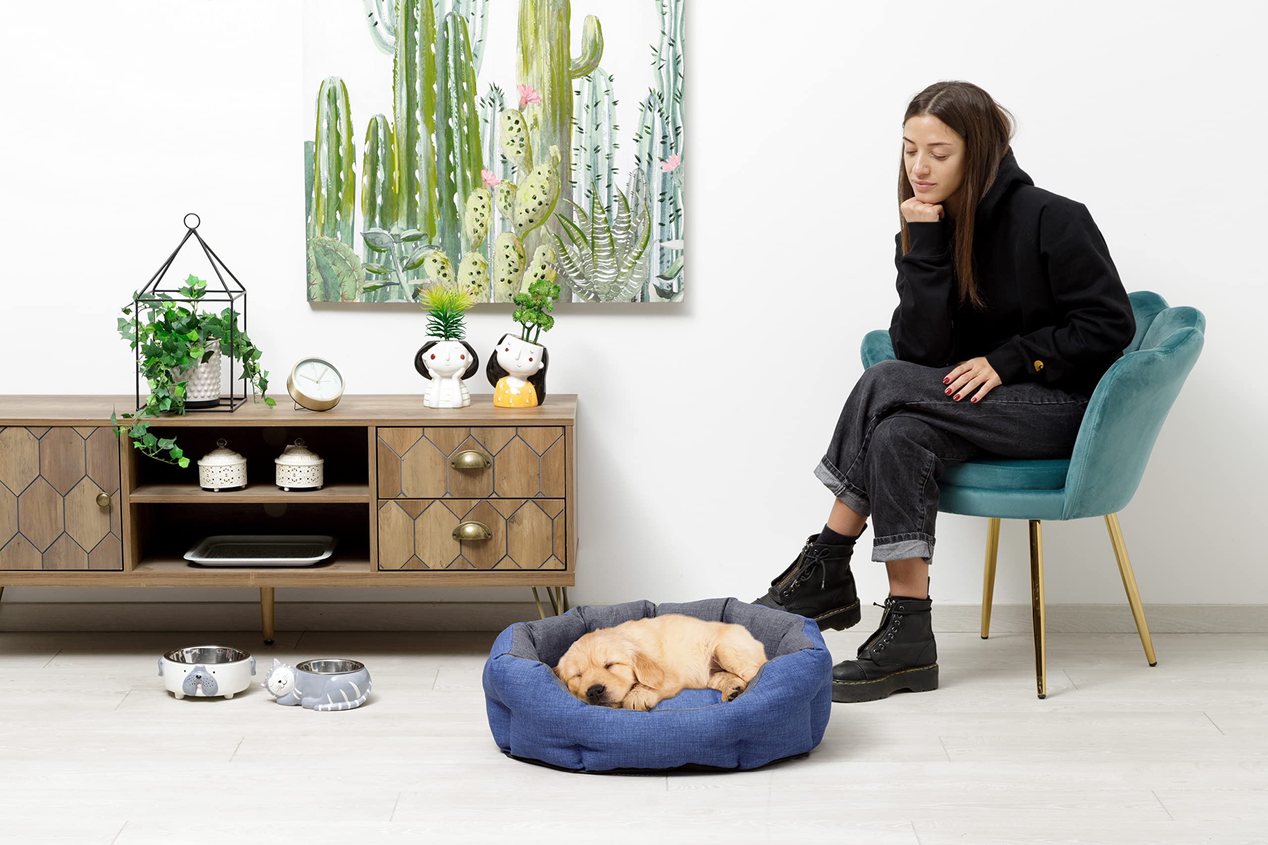 Baroni Home Cuccia per Cane e Gatto in tessuto Grigio e Blu Taglia L 50x65 cm, Morbido Divano Ovali, Comodo, per Camera da Letto Salotto Corridoio, Lavabile