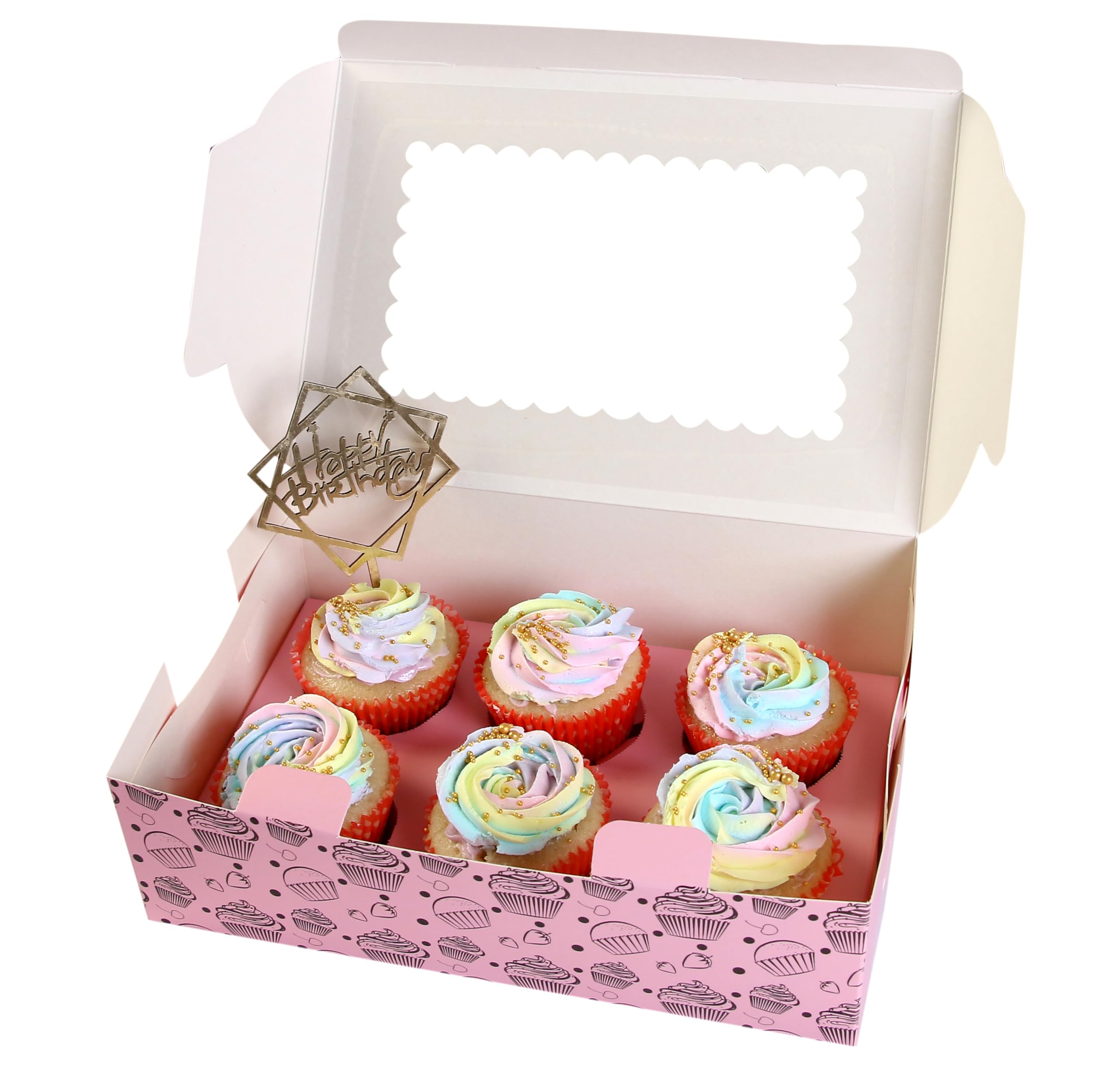 mudrit Cupcake Boxes with Insert trays (Pack of 20), Pink Cupcake Carrier, Food Grade Bakery Boxes with Windows and Inserts to Fit 6 Cupcakes Muffins or Pastries