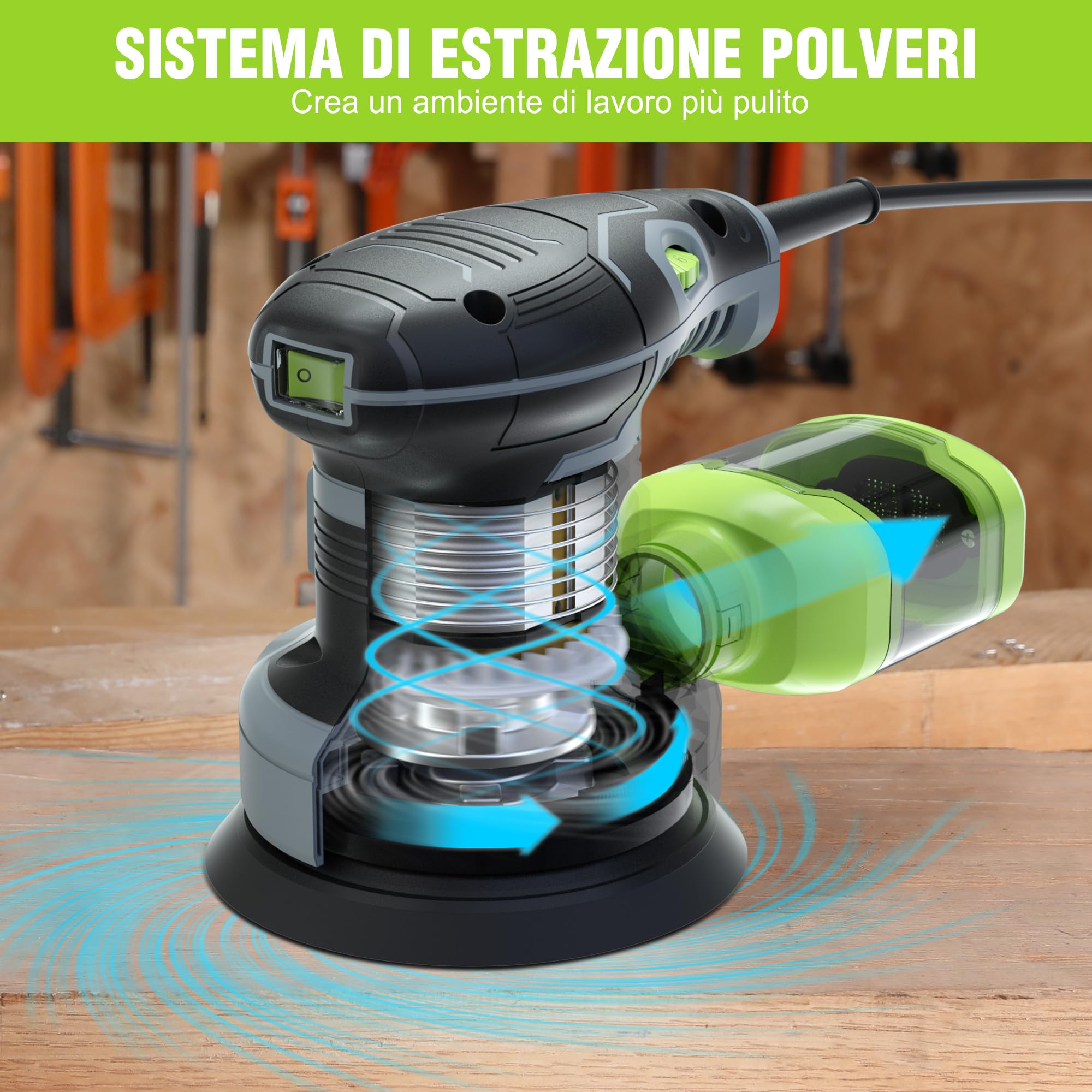WORKPRO Orbitale 125mm, Rotorbitale 300W 7000-13000 OPM, Eccentrica con Aspirazione e Contenitore Polvere, 20 Pezzi Carta Abrasiva