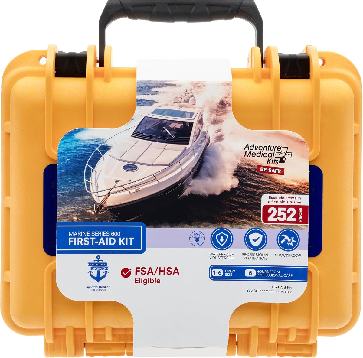 Botiquín médico Marine Series - 600 - Botiquín de primeros auxilios para barcos para 8 personas 12 horas desde la atención - Incluye suministros médicos de emergencia como vendajes, medicamentos, guía y más | Supera los estándares de la Guardia Costera y viene en una caja seca impermeable con una guía de medicina marina para el tratamiento de lesiones de navegación