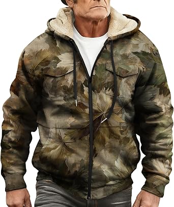 Zaswen Mens Fall Winter Long Sleeve Zip Up Hooded Jackets Sherpa Lined Jacket Camo Thick Fleece Hoodie Warm Coat with Pockets