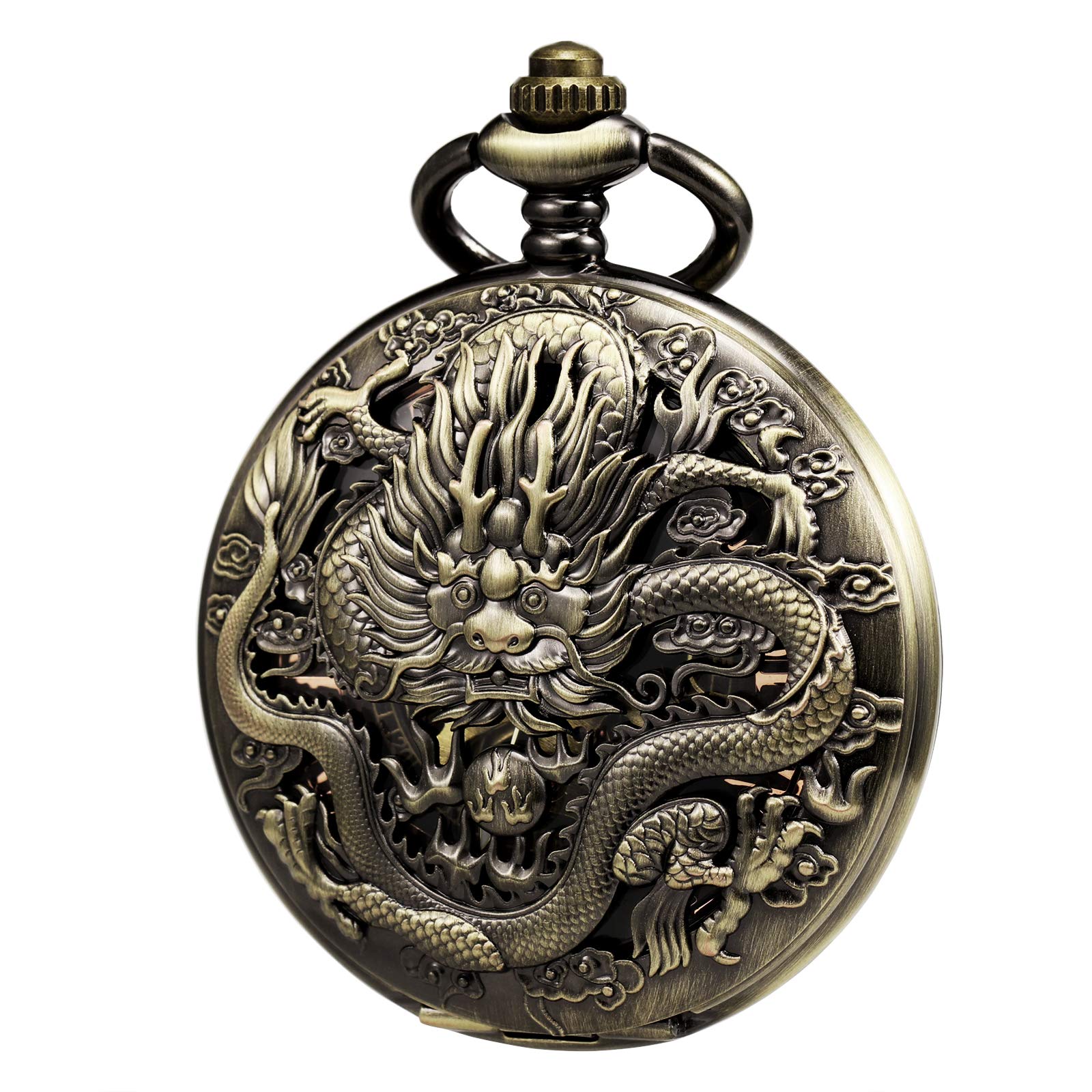 Mens Pocket Watch Antique Skeleton Mechanical Bronze Case 3D Steam Train Railroad Ruman Numerals Gifts for Train Lovers