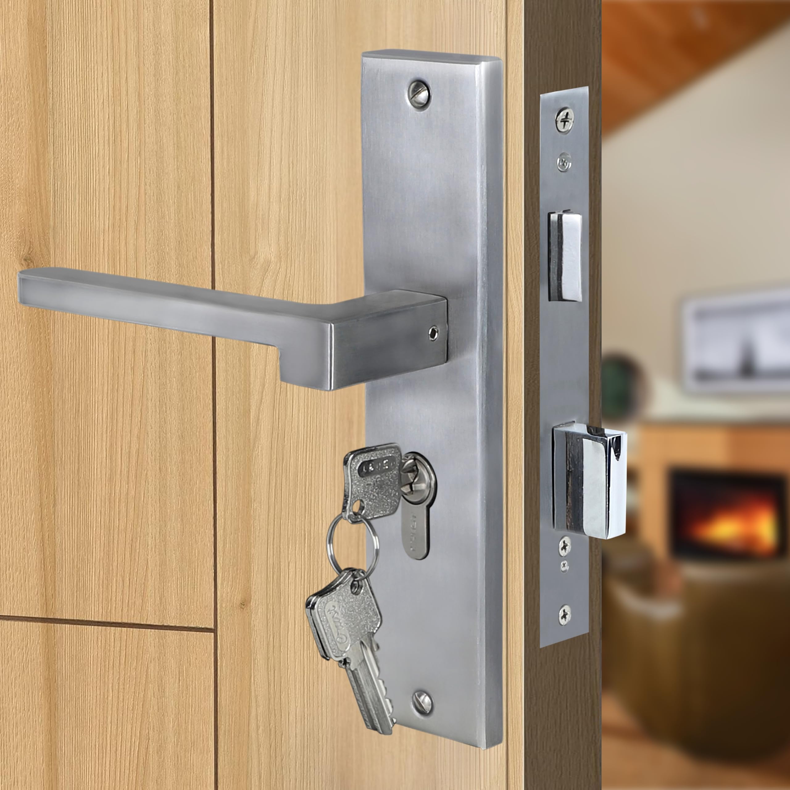 Blue Space Premium 8" Cylindrical Mortise Door Lock Handle Set with Brass Lock Body and One Side Key 60mm Cylinder Set with 3 Computer Keys (LB10001, Matt Satin) — Amazon image 21