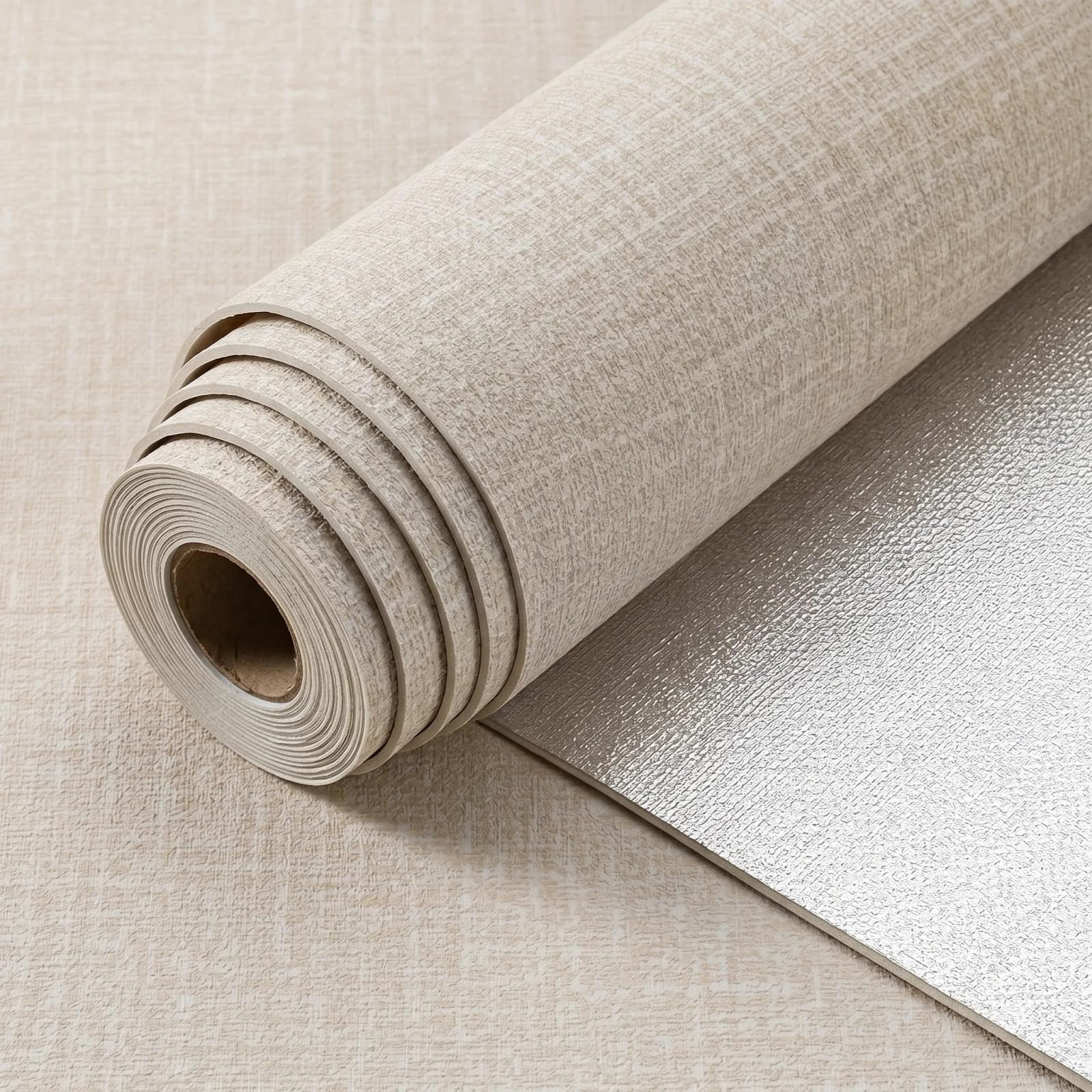Snewvie Self Adhesive Wallpaper,Beige Linen Wallpaper 4 Rolls 50 * 280cm 3mm Thicken Peel and Stick Thermal Insulation Wall Paper Stick on Wall Paper for Bedroom Livingroom Ceilings Kitchen — image 1
