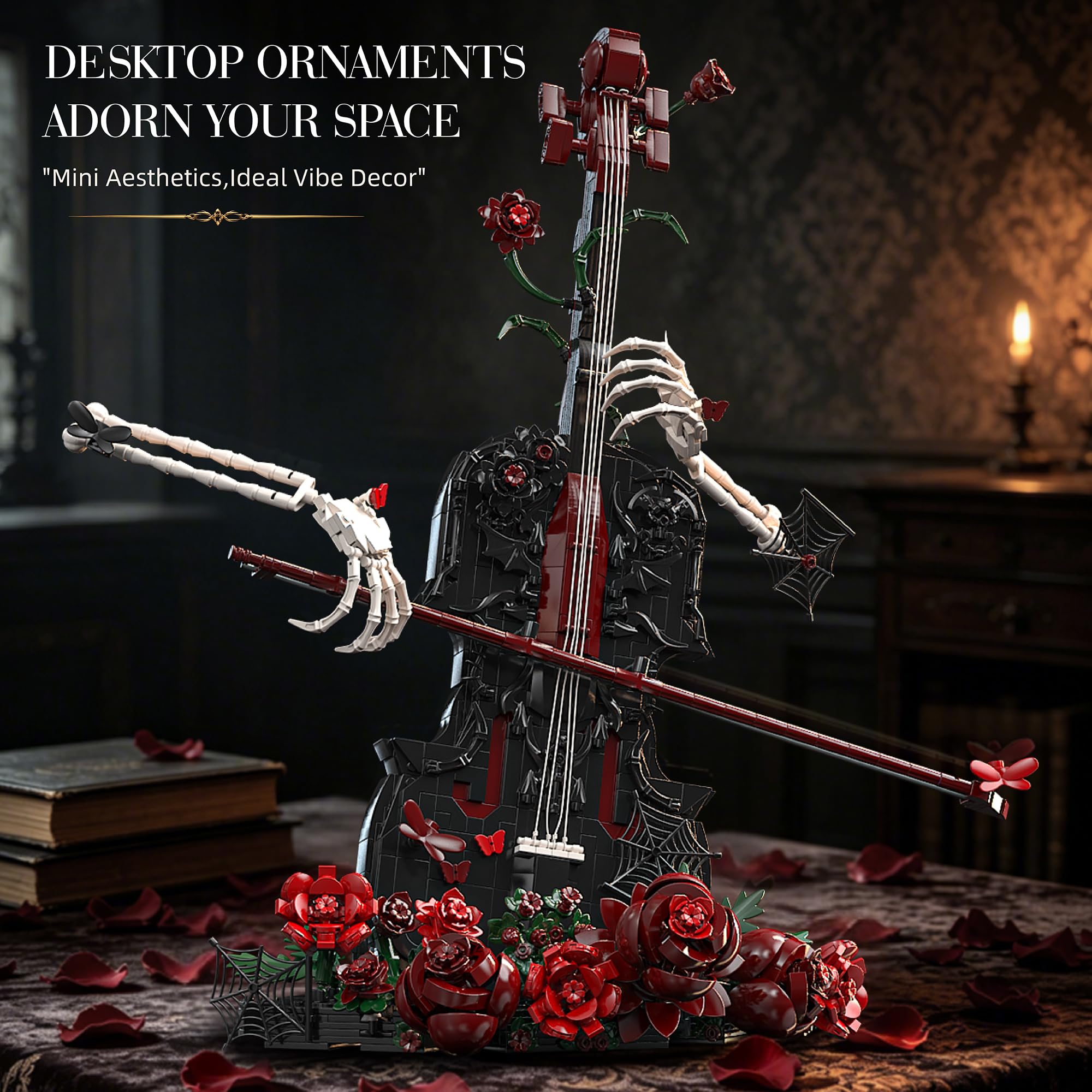 QuirkQuest Gothic Rosen Geigen Bauklötze Set, 1429 Teile Musikinstrument Modell mit Sammlbares Skelett Händen & roten Rosen, Dekoratives Baukasten Display für Erwachsene & Teenager