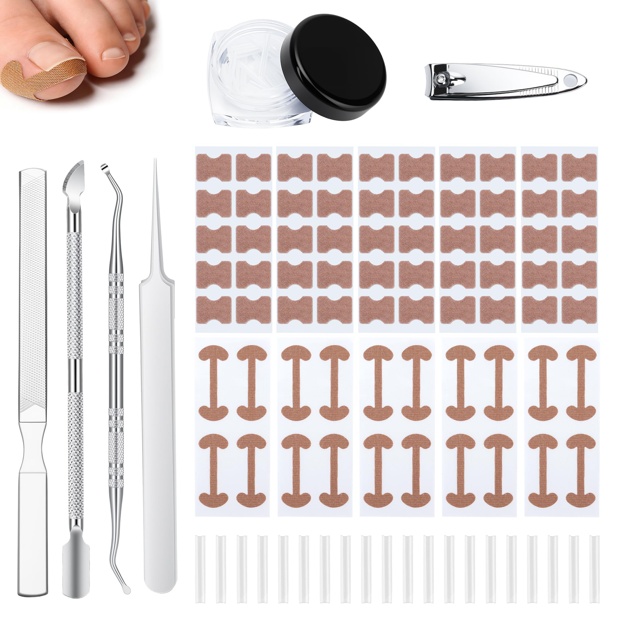 Eingewachsene Zehennägel Set, 120 Stück Zehennagel Korrektur Set mit Zehennagelkorrektur Patch, C-förmige Zehennagel Pads & Edelstahl Fußpflege Werkzeugset