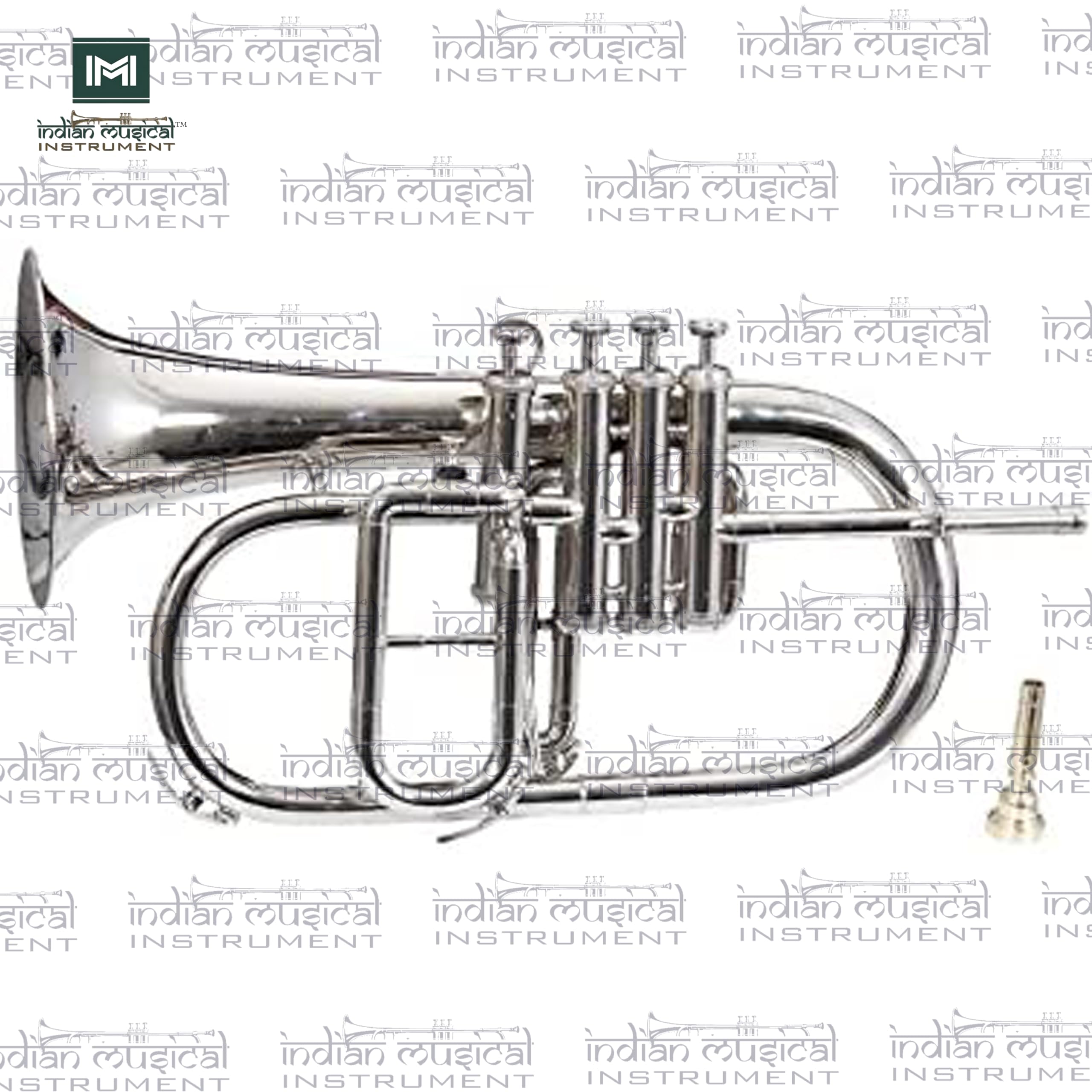 Bocina de flúgel de instrumento musical indio, 4 válvulas, paso Bb de latón de alta calidad con funda rígida y boquilla (plateado)