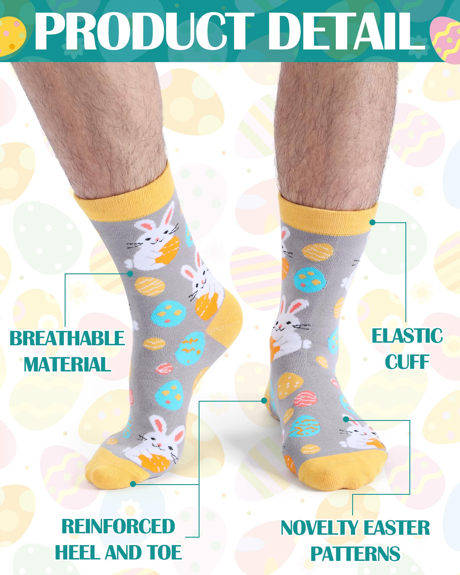 Eurzom 6 Pairs Funny Men's Easter Socks Bunny Eggs Pattern Crew Socks Spring Easter Basket Stuffers Gifts Size 7-12