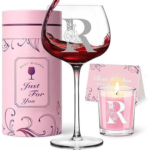 Personalized Gifts for Women - Customized Initial A-Z Wine Glass, Unique Birthday Gifts for Women, Christmas Basket Gift for Her, Mom, Wife, Sister, Friend, Nurse(R)