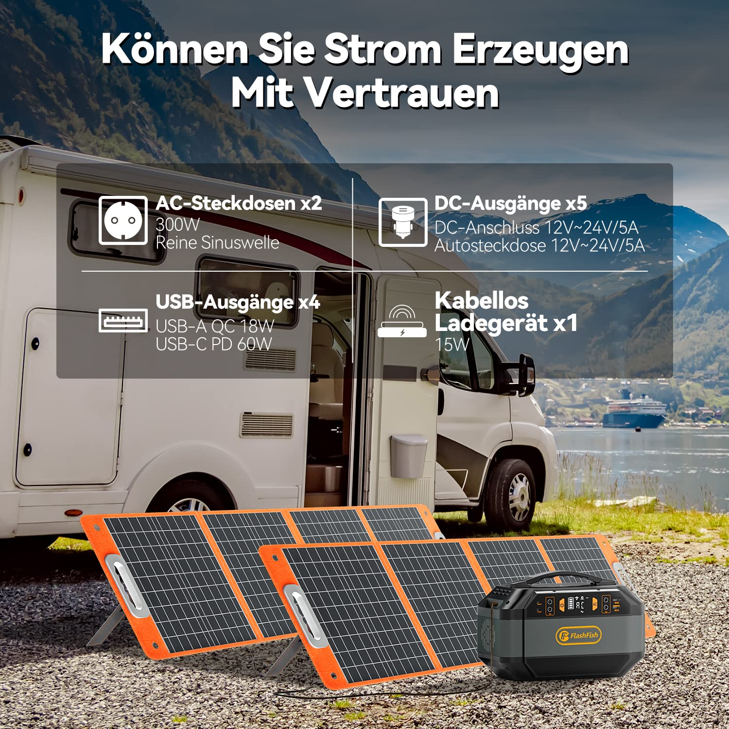 FlashFish - Estación de energía portátil (330 W (punta de 600 W), 288,6 Wh/78000 mAh, onda sinusoidal pura de 230 V, 9 salidas, generador de energía para camping, autocaravana y como generador de