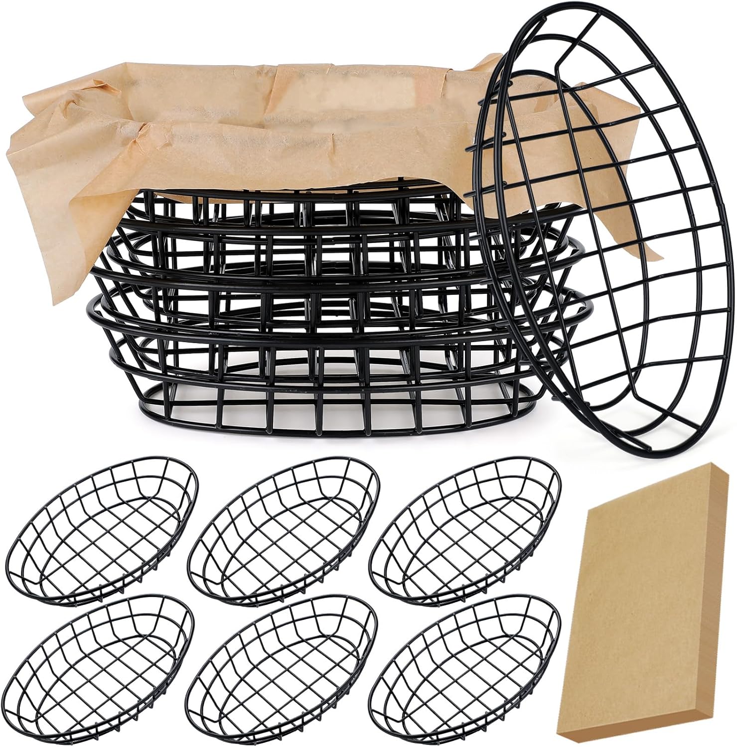 Hushee 12 Pcs Wire Bread Basket Black 11.8 x 7.9 x 2.2 Large Oval Metal Dinner Roll Baskets Bulk for Serving Fruit Bowl Storage with 50 Sheet Deli Wrapper Paper for Restaurant Kitchen Table Fast Food