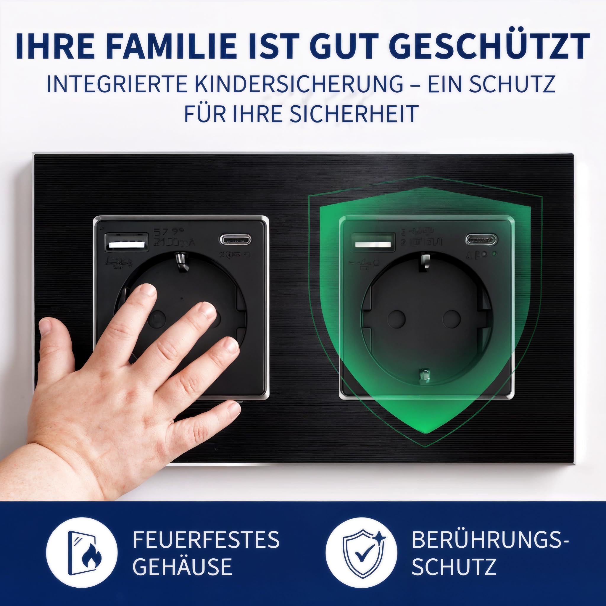 PULSAR Schuko-Steckdose USB-C/A 20 W 16A Schwarz 3-Fach Aluminium-Rahmen