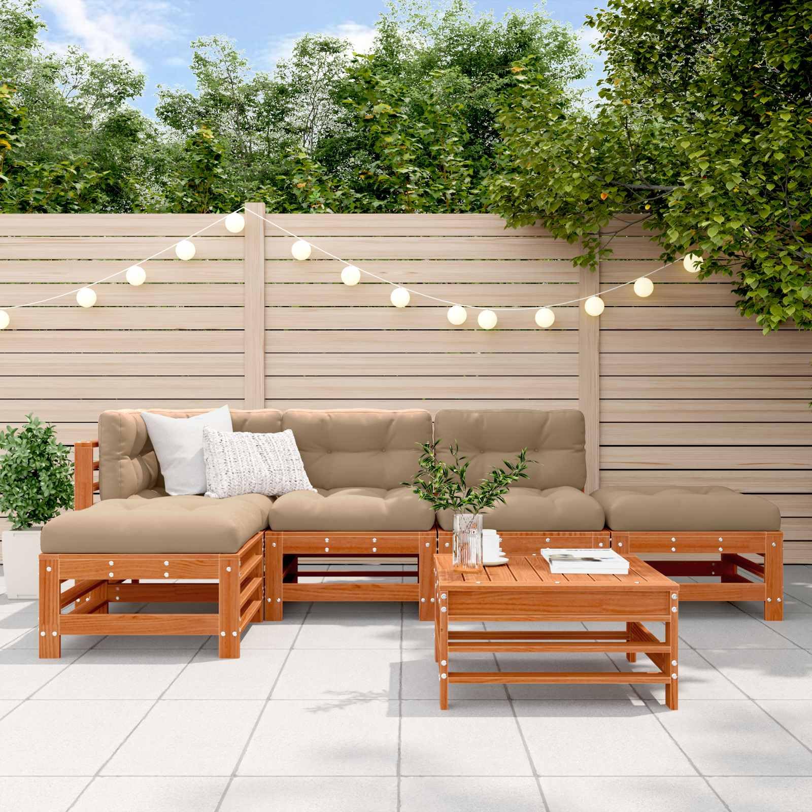 Juego de 6 muebles de jardín de madera maciza de pino macizo, conjunto modular de salón para terraza y jardín, conjunto de asientos con mesa, sofá esquinero y sillones, incluye cojines de