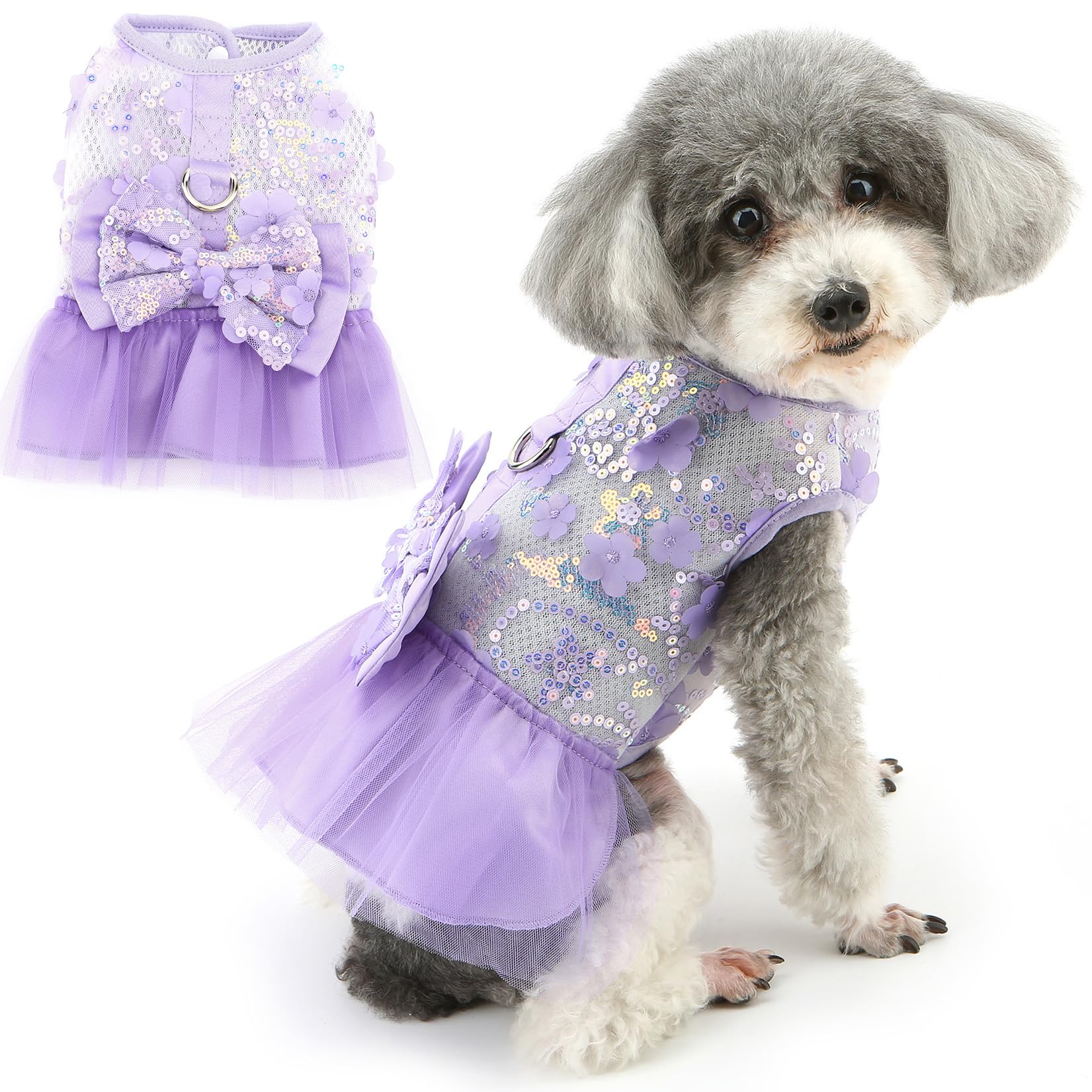 Zunea Puppy Dog Dresses for Small Dogs Girl Summer Princess Harness Lace Dress with Leash Ring Breathable Mesh Vest Skirt with Bowknot Cute Flowers Female Pet Clothes for Chihuahua Yorkie Purple S