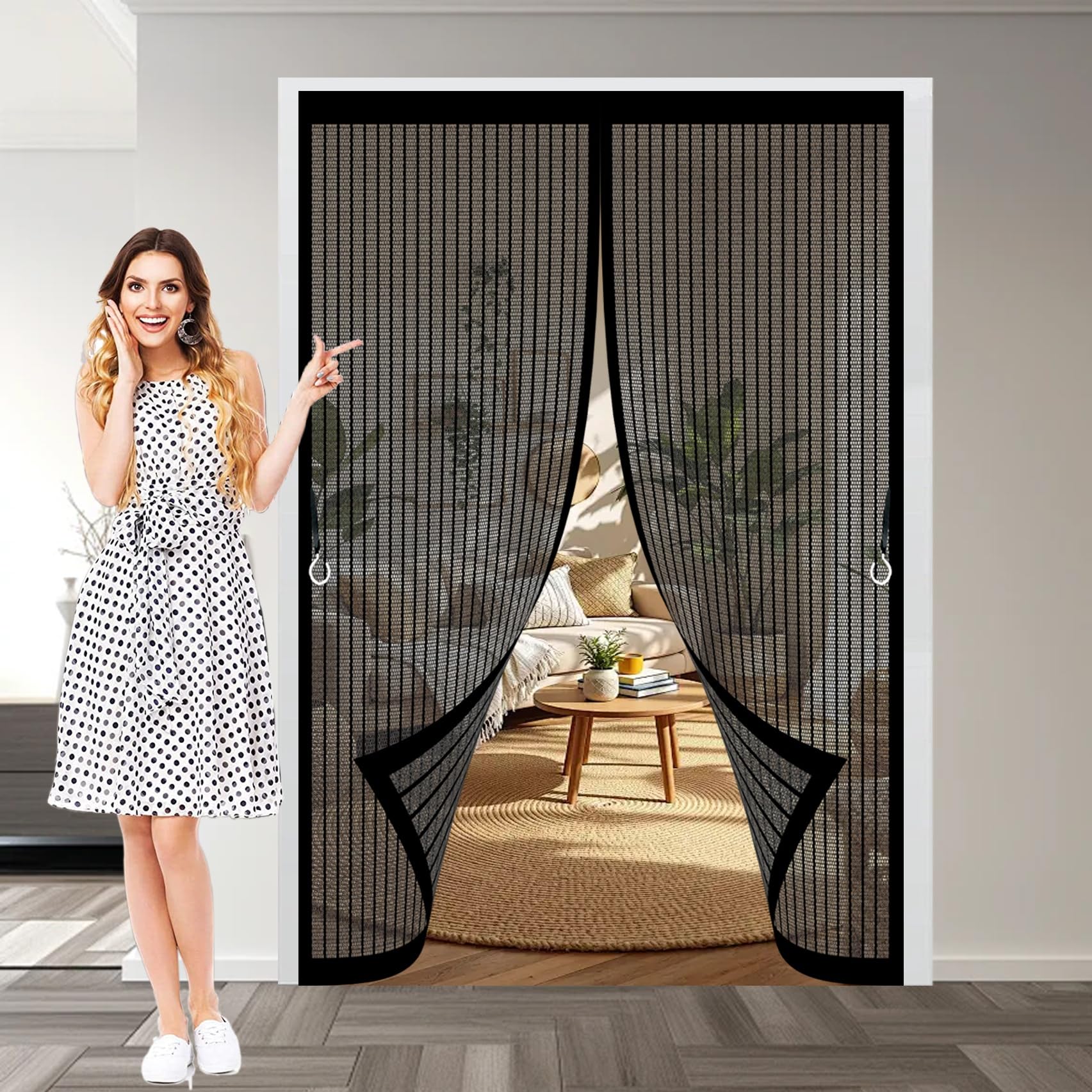 Magnetic Door Curtains Fly Screen 71 x 218 cm with Powerful Magnets & Full Frame Magic Tape No Gap, Lets Fresh Air in, Keep Bugs Out Magnetic Bug Curtain for Patio Doors Balcony, Black
