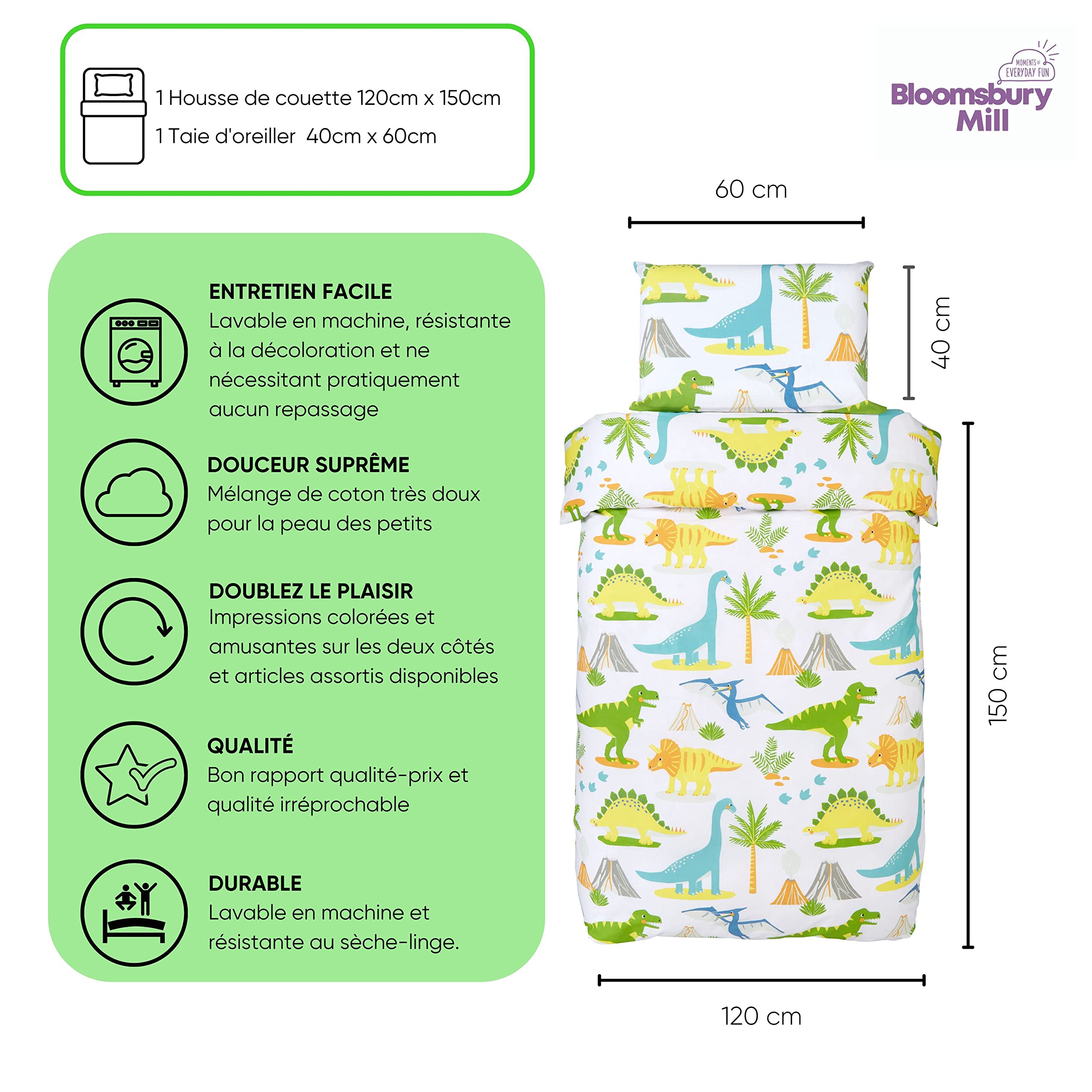 Bloomsbury Mill - Housse de Couette et Taie d’Oreiller Enfant Garçons et Filles - Dinosaure - Imprimé Jurassic Dino - Parure de lit pour Junior, Bas Âge, Bébé - 120 x 150 cm