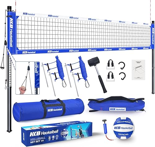 Miniatura 9 de Haokelball Outdoor Portable Heavy Duty Volleyball Net Set for Backyard with Adjustable Height Poles, Anti-Sag System, Volleyball, Pump, Boundary