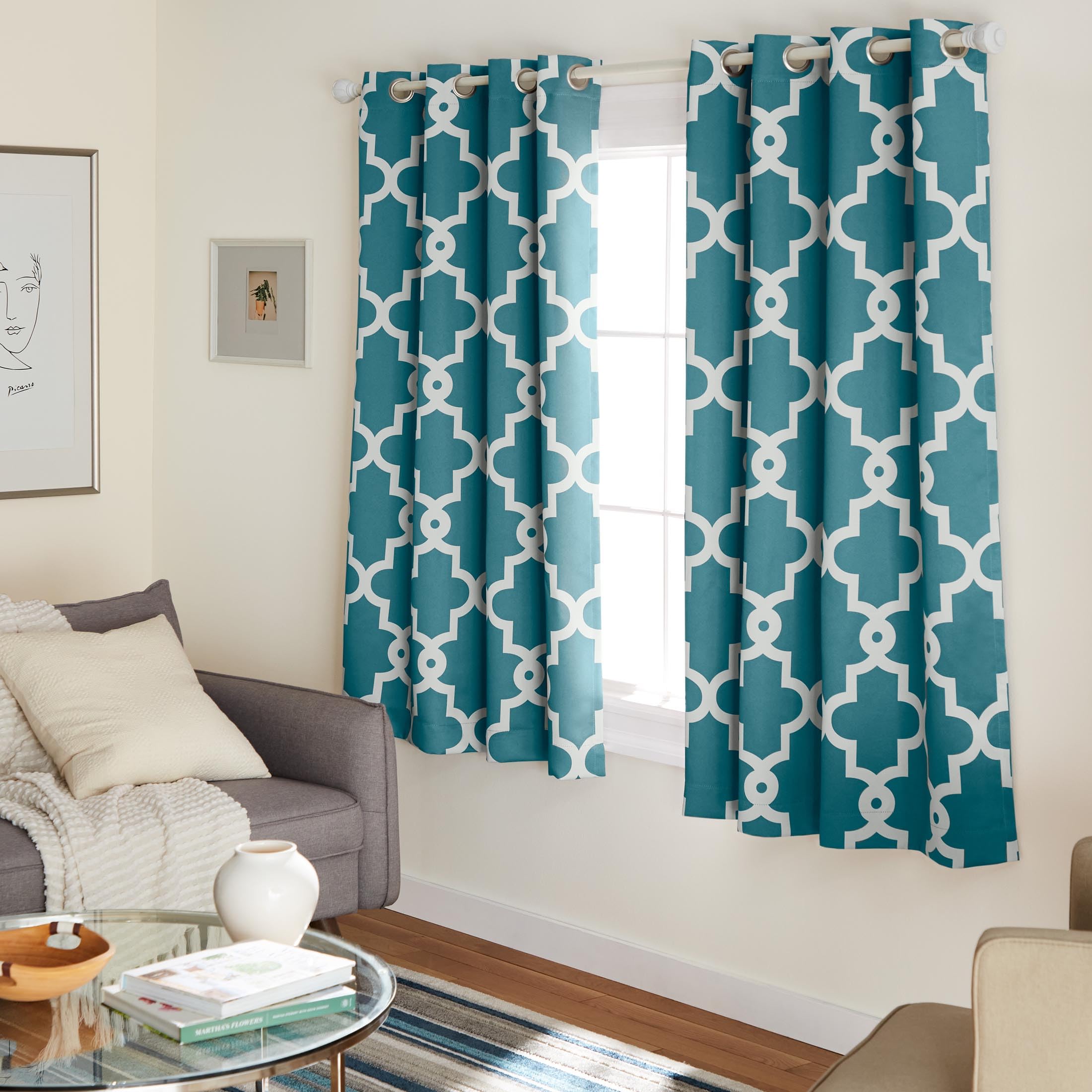 Exclusive Home Curtains Ironwork Woven Blackout Grommet Top Panel Pair, Teal, 52x63, 2 Piece