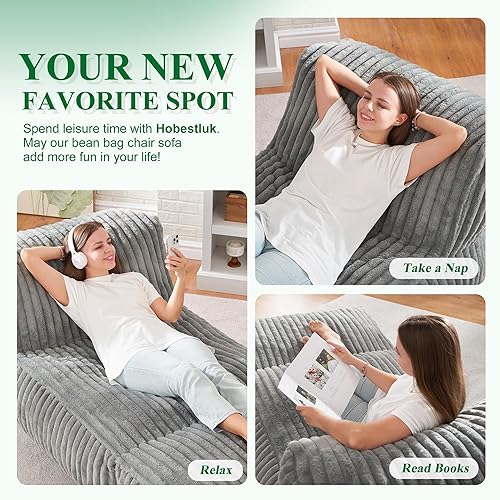 Miniatura 7 de Hobestluk Puf grande para adultos, sofá puff con relleno de espuma viscoelástica para sala de estar, dormitorio o balcón (rayas gris)