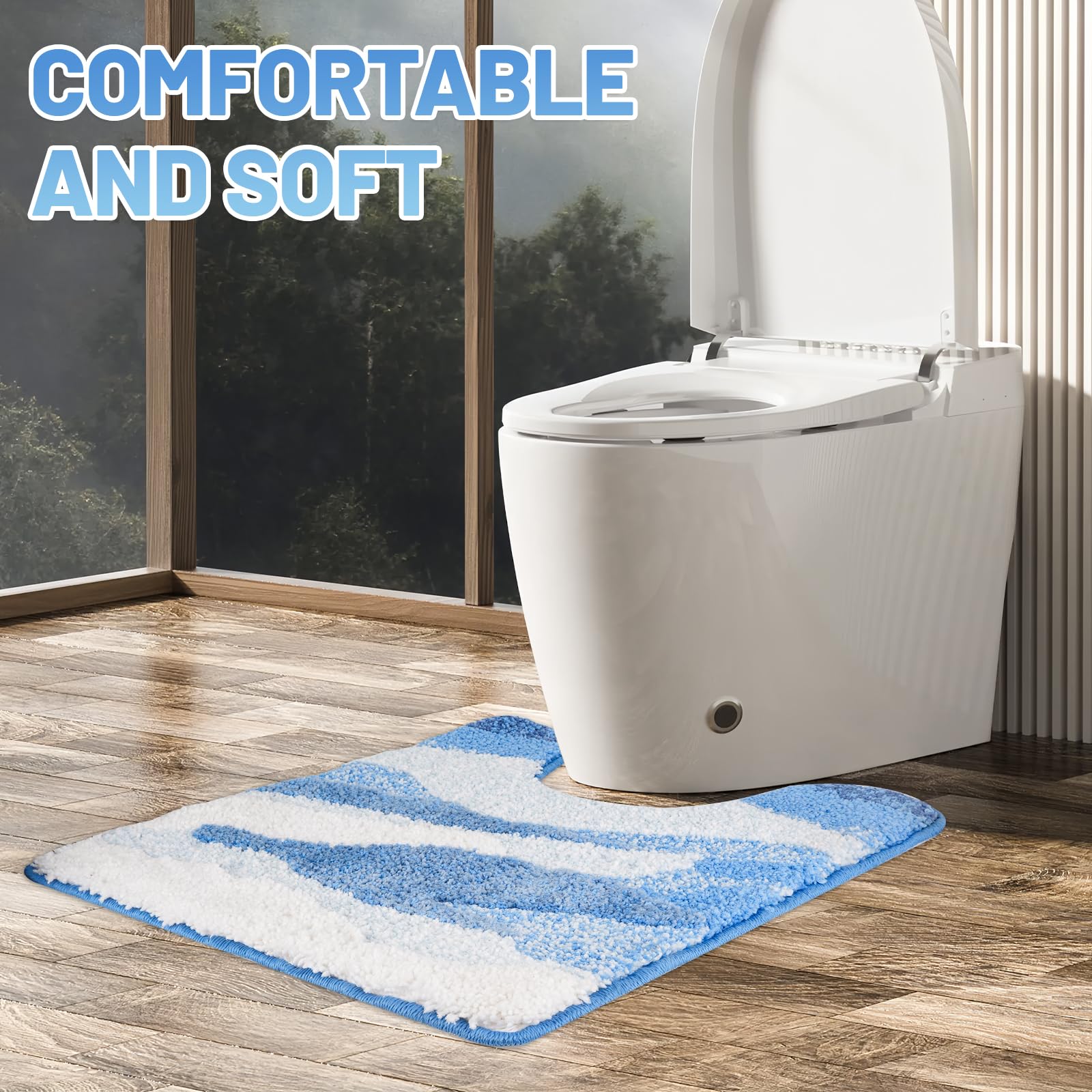 FYSUIMU U-Shaped Ocean Wave Bathroom Rug - Blue Tufted Toilet Mat For Coastal Decor - View #2