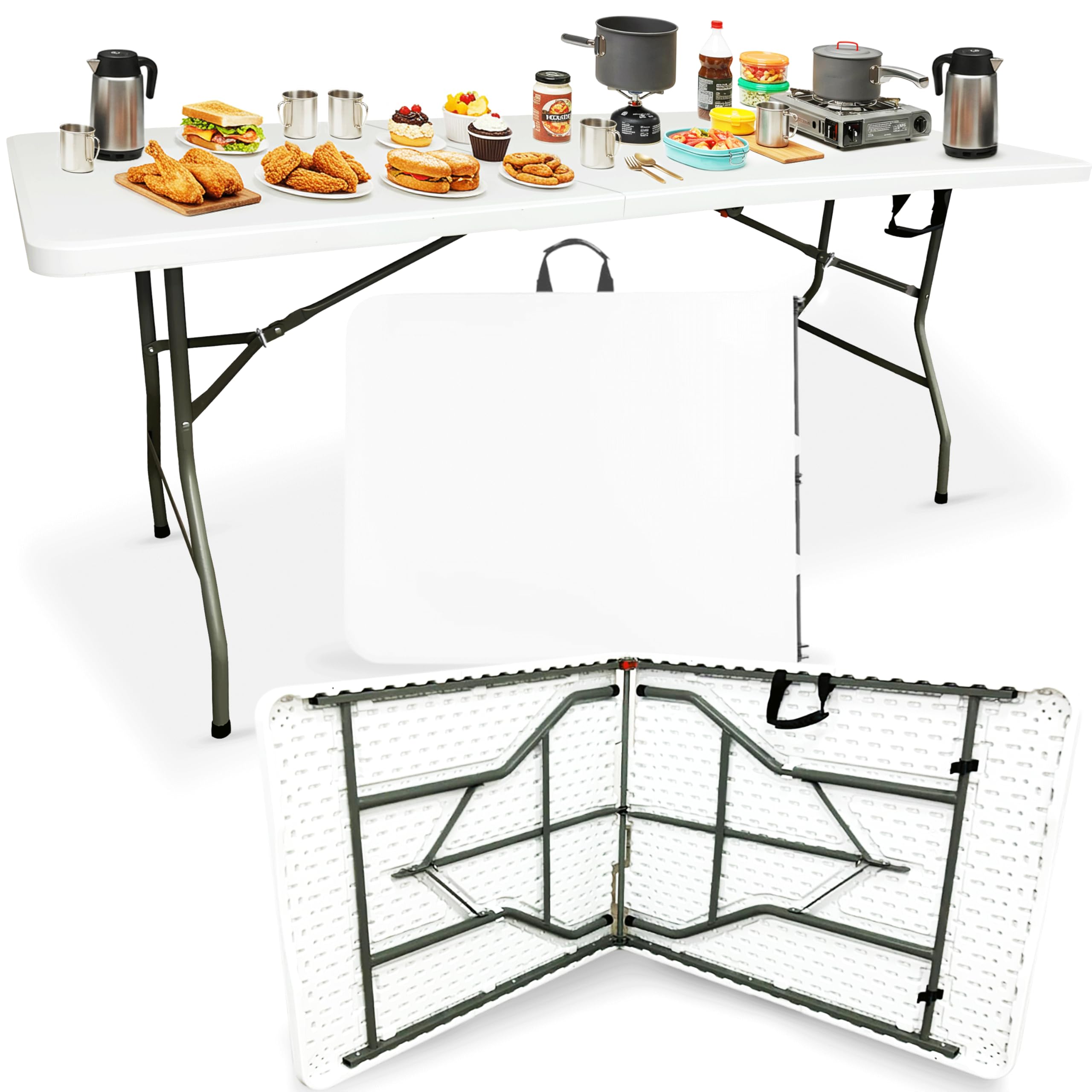 Tavolo pieghevole resistente da 1,8 m, ideale per catering, campeggio, picnic, feste, tavolo portatile e compatto con cavalletto con maniglia per il trasporto, per interni ed esterni, giardino,