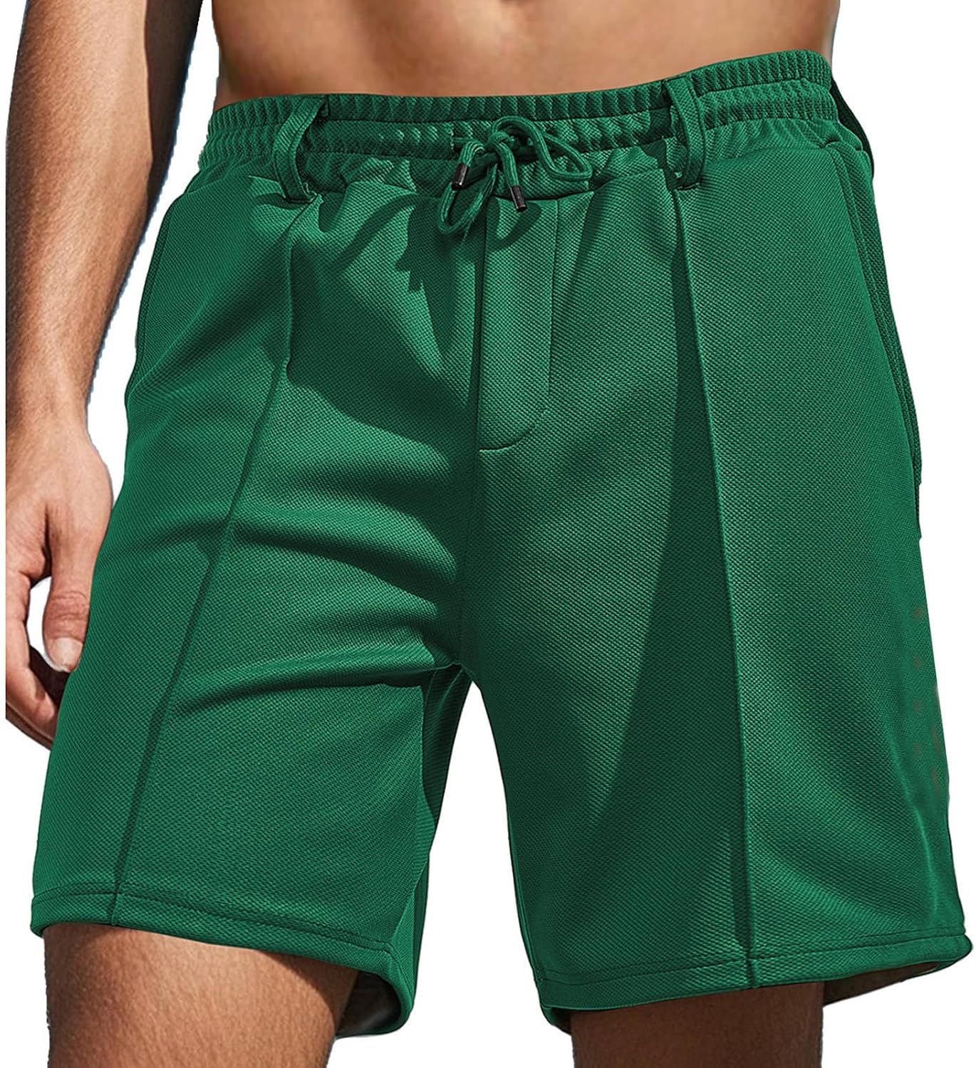WENKOMG1 Mens Casual Shorts Knitted Lightweight Breathable Elastic Waist Drawstring Baggy Solid Color Beach Shorts