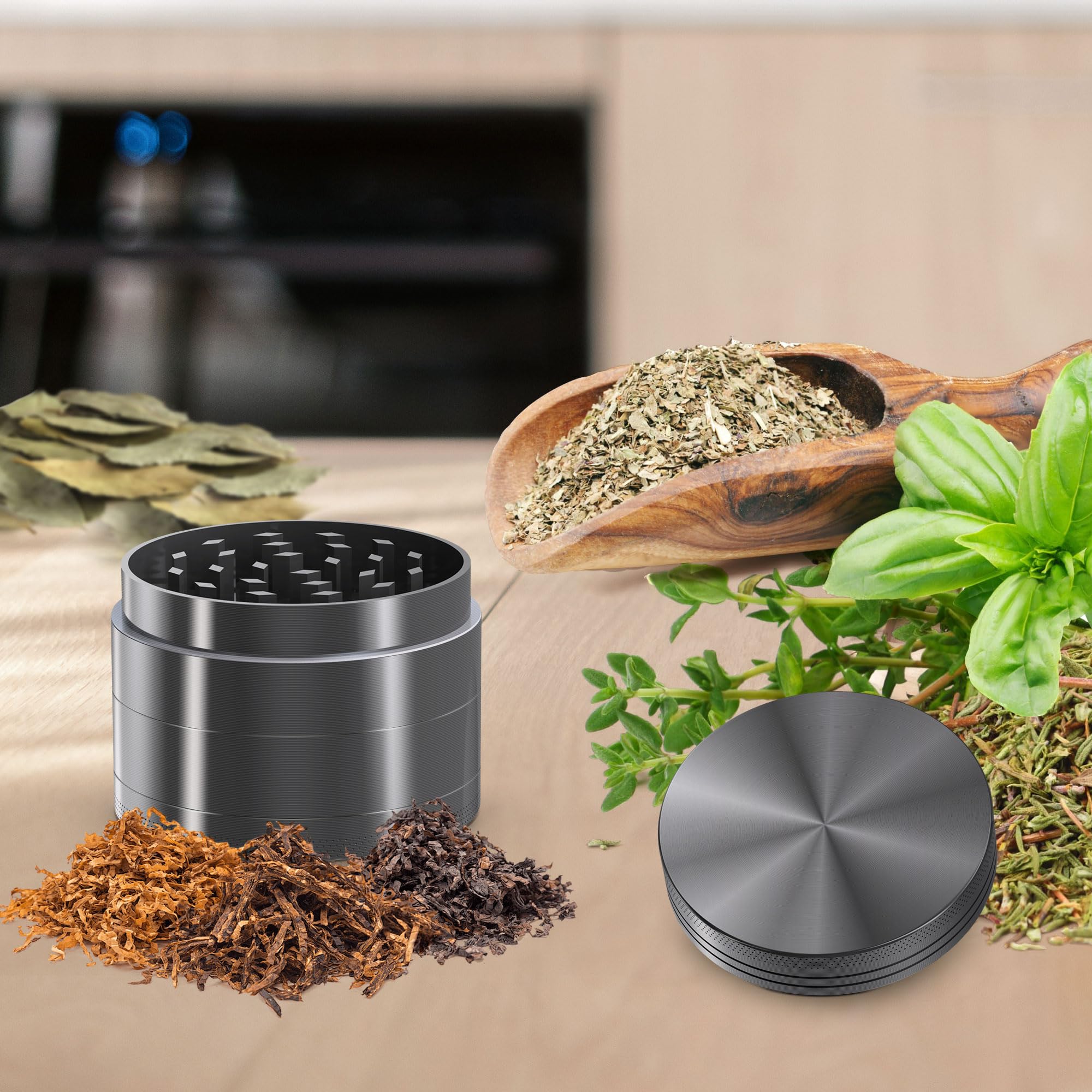 KitchenBoss Młynek metalowy, mały młynek 4-częściowy, kruszarka, 4,9 cm, z narzędziami do czyszczenia przypraw (niklowo-czarny)