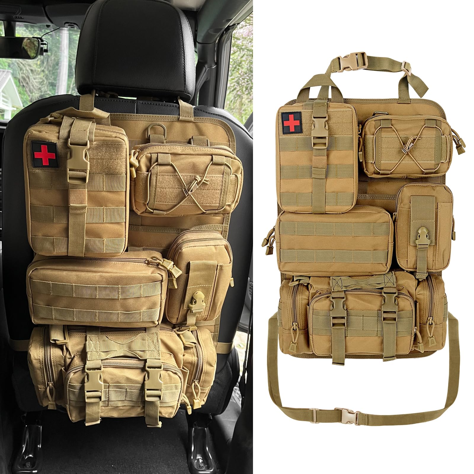 HEYOOA Universeller Molle Nylon Taktischer Autositz Organizer, Vordersitz Rückenlehnen-Aufbewahrungstasche, Rückenlehnenschutz mit 5 Taschen für alle Fahrzeuge, bräunen