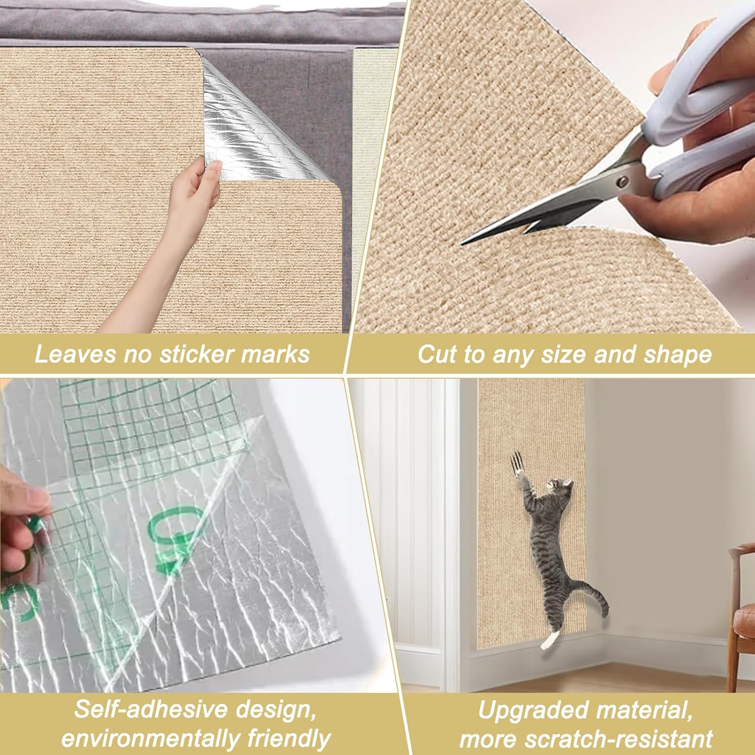 Cat Scratch Mat,118.5"x15.9" Trimmable Self-Adhesive Cats Scratch Carpet,Couch Protector from Cats Claw, Cat Scratch Furniture Protector, Indoor Furniture Protection for Chair, Wall, Sofa (Beige)