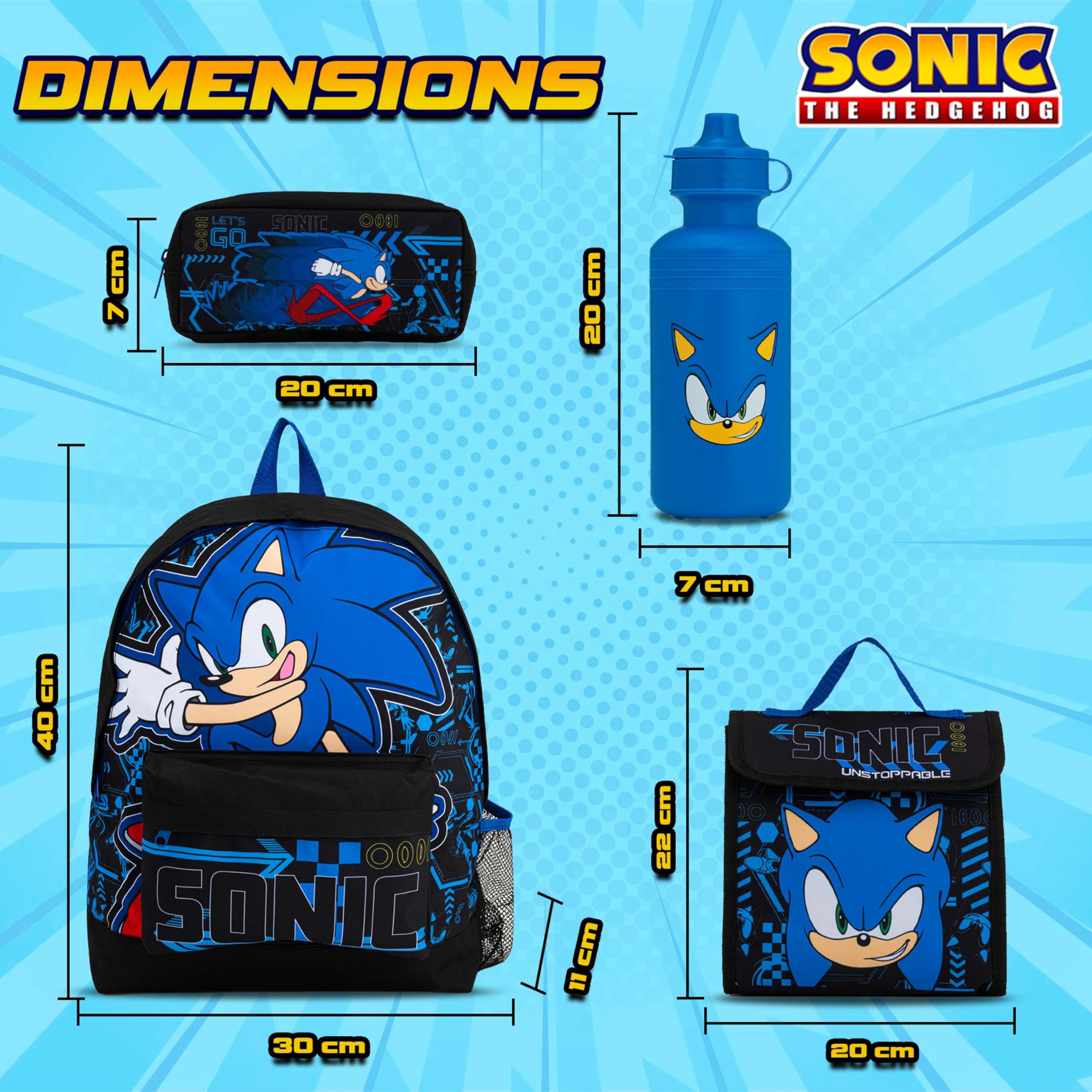 Sonic The Hedgehog Sac à dos 4 pièces avec déjeuner, trousse à crayons et bouteille d'eau | Sac à dos garçon rembourré – Fournitures de rentrée scolaire