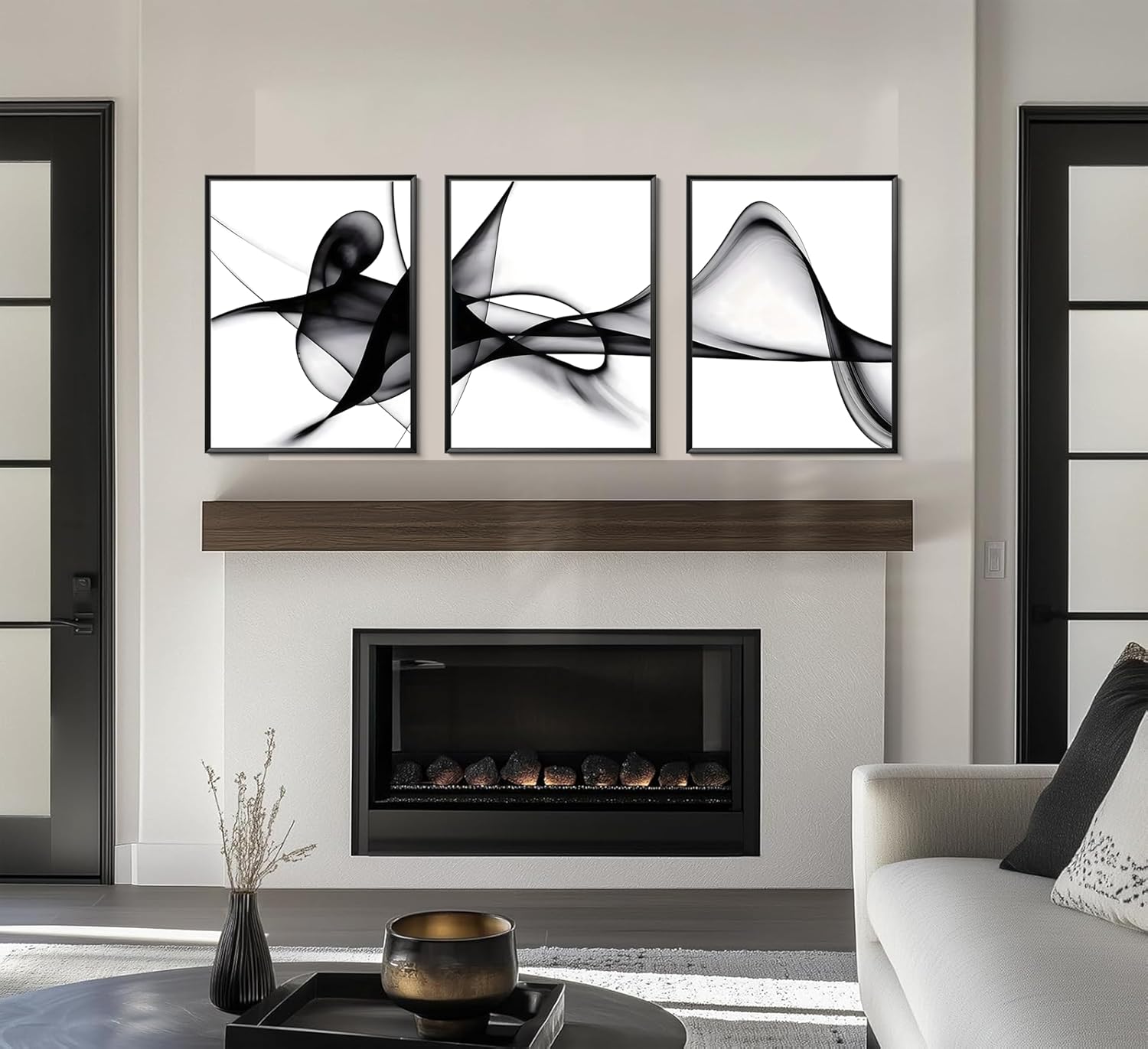 YCXDMJ 3 Panels Black White Abstract Canvas Wall Art Fluid Line Movement Prints Posters and Paintings Modern Pictures Wall Decor for Living Room Bedroom Office Decoration Unframed