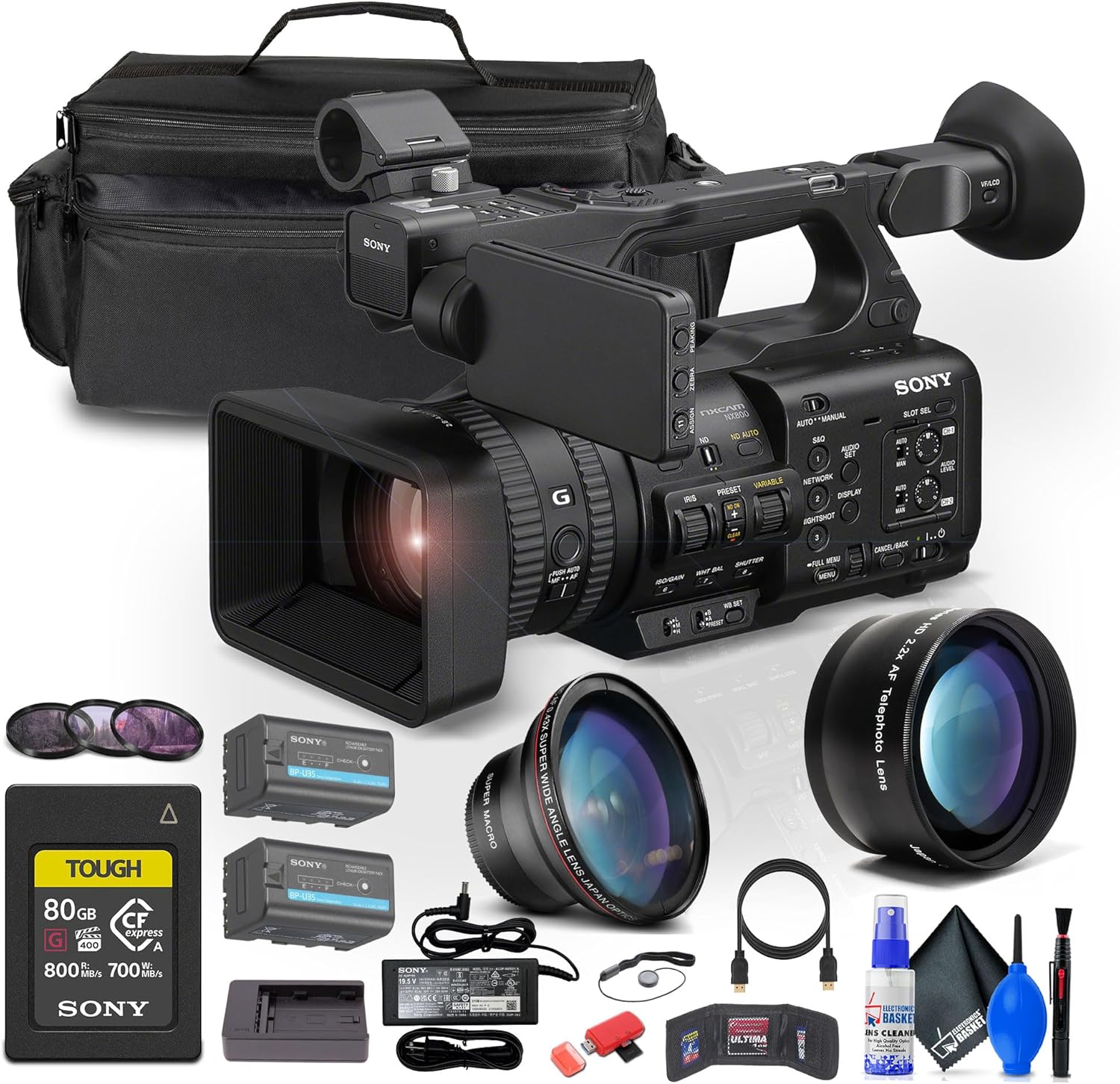 Sony HXR-NX800 4K HDR 1″ Sensor NXCAM Camcorder (HXR-NX800) 80GB CFexpress Card + BP-U35 Battery + Large Case + Telephoto Lens + Card Reader + Filter Kit + Wide Angle Lens + More (Renewed)