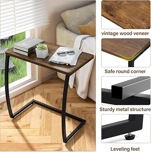 Miniatura 6 de SRIWATANA Mesa auxiliar, mesa auxiliar, mesa de sofá vintage en forma de C para sofá, laptop, aperitivo, café, nogal 1.Walnut,Negro -,Nogal oscuro