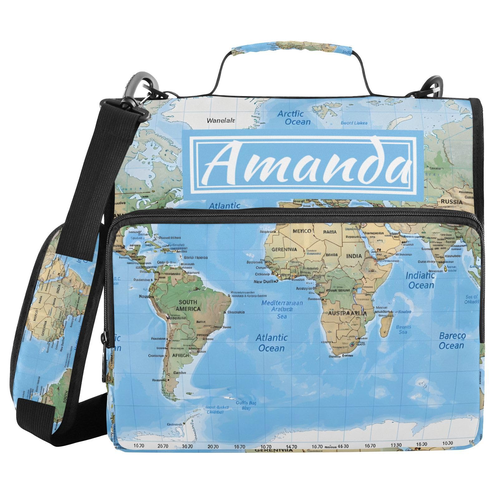 Custom 3 Ring Zipper Binder World Map Blaue Personalized Name 1.5 inch Binders Large Capacity Multi Pockets for School Office Supplies
