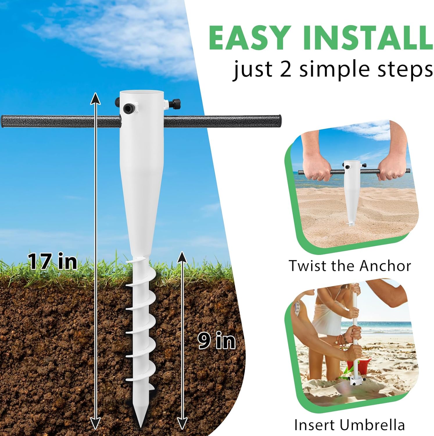 Beach Umbrella Anchor, 2-Pack Heavy Duty Umbrella Sand Anchor, Metal Umbrella Holder Base for Sand, Easy Install In-Ground Anchor with 6-Spiral Corkscrew Drill for 1.3-2 in Pole, Rust-Proof & Portable