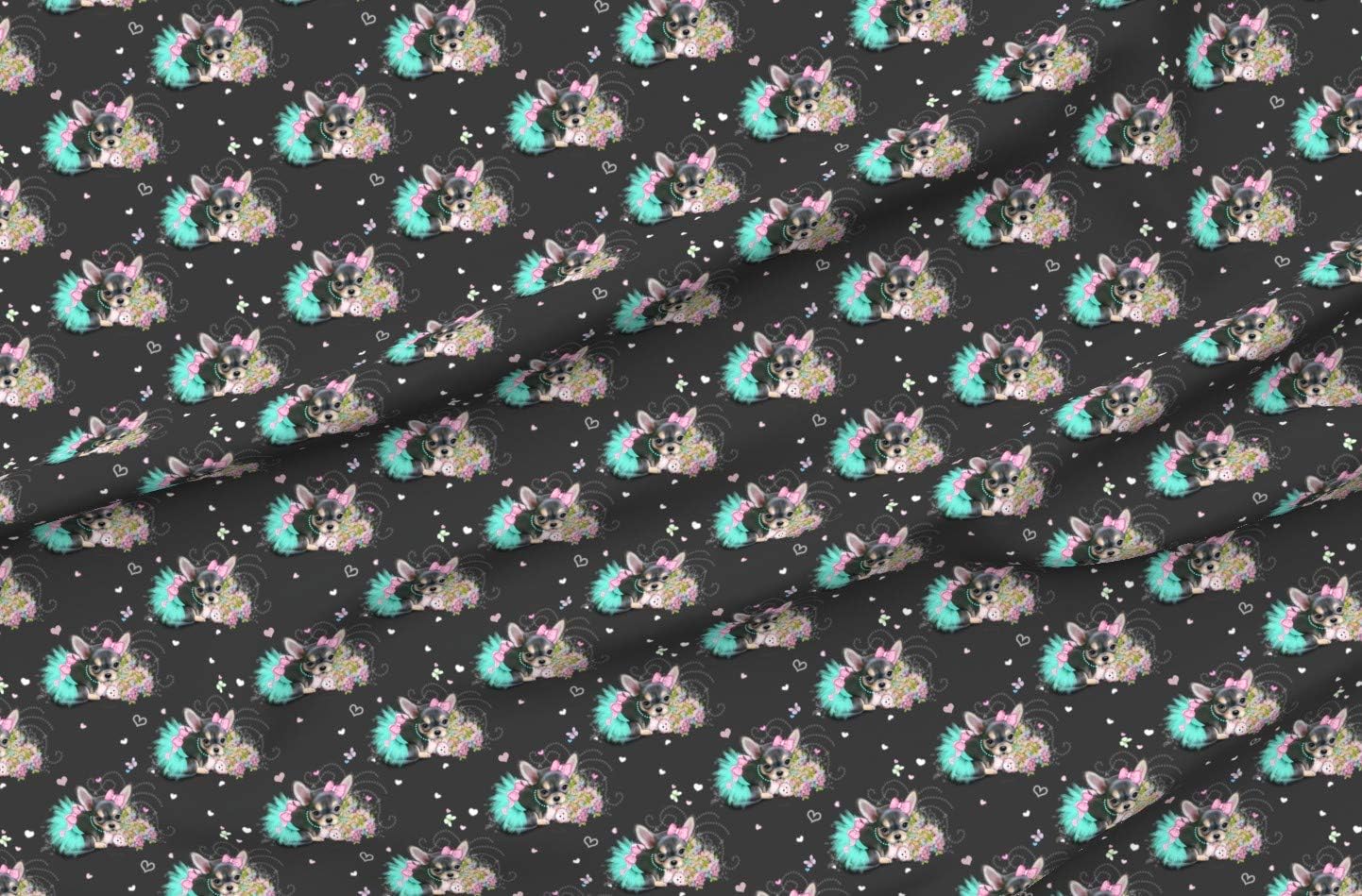 Spoonflower Fabric - Grey Chihuahua Black Dog Puppy Flowers Tutu Hearts Printed on Organic Cotton Sateen Fabric by The Yard - Sewing Quilting Apparel Home Decor