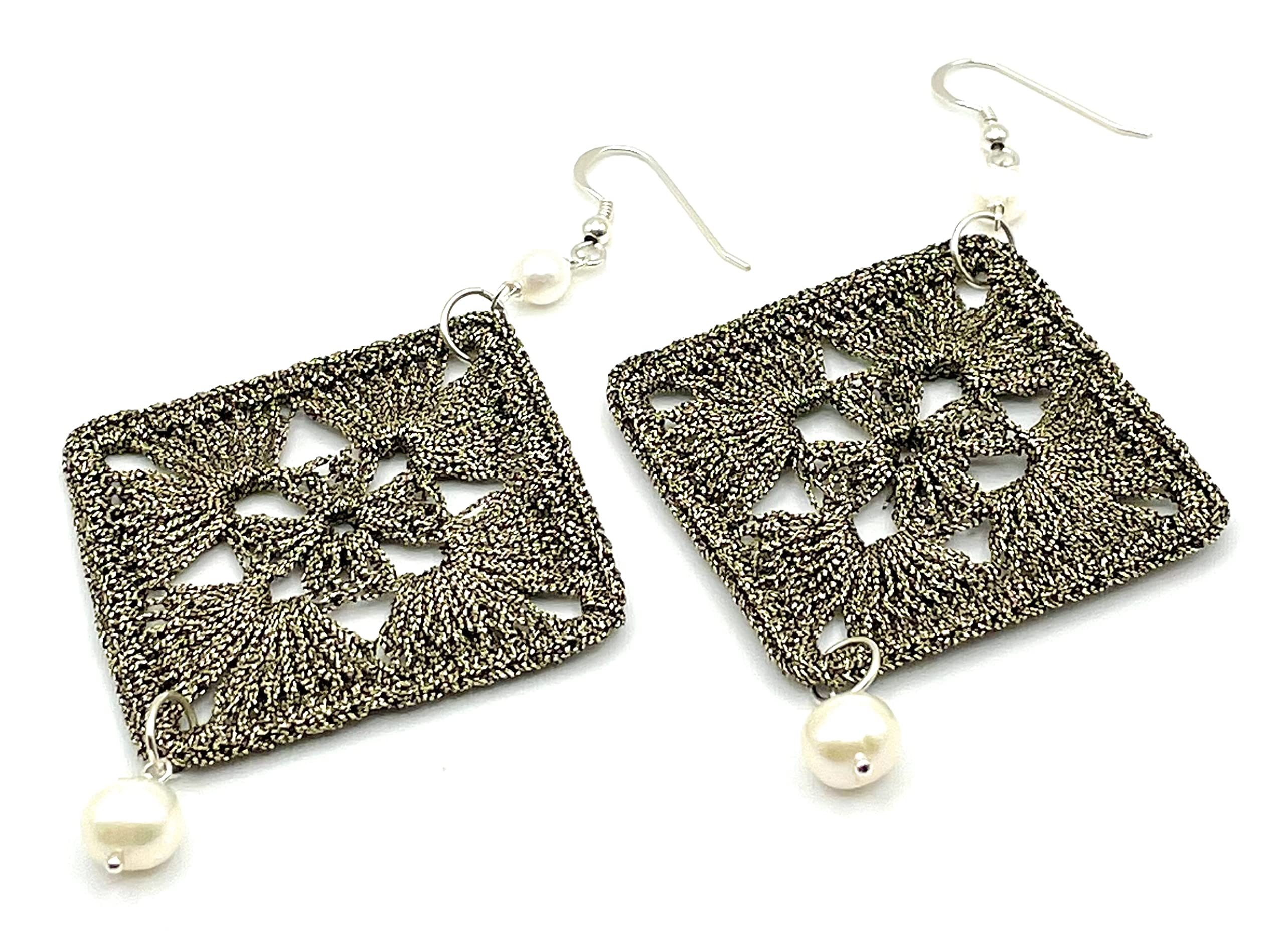 Orecchini Grandi all'Uncinetto e Perle Bianche, Pendenti in Argento 925, Gioielli Artigianali, Bijoux